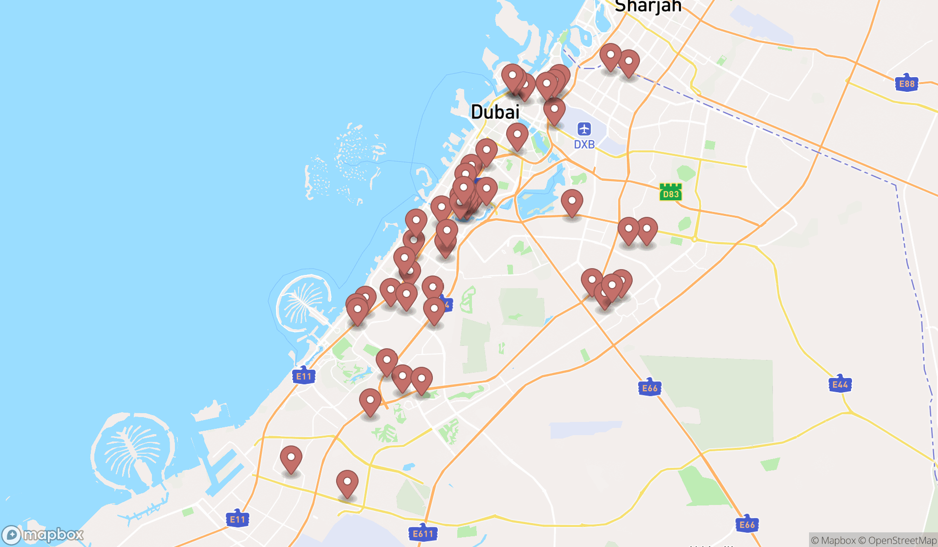 Map showing the search results in Dubai
