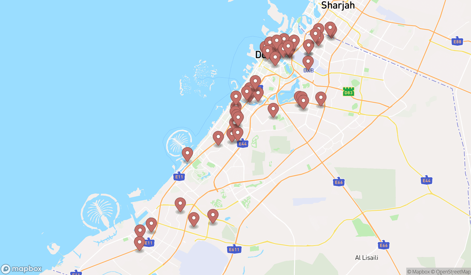Map showing the search results in Dubai