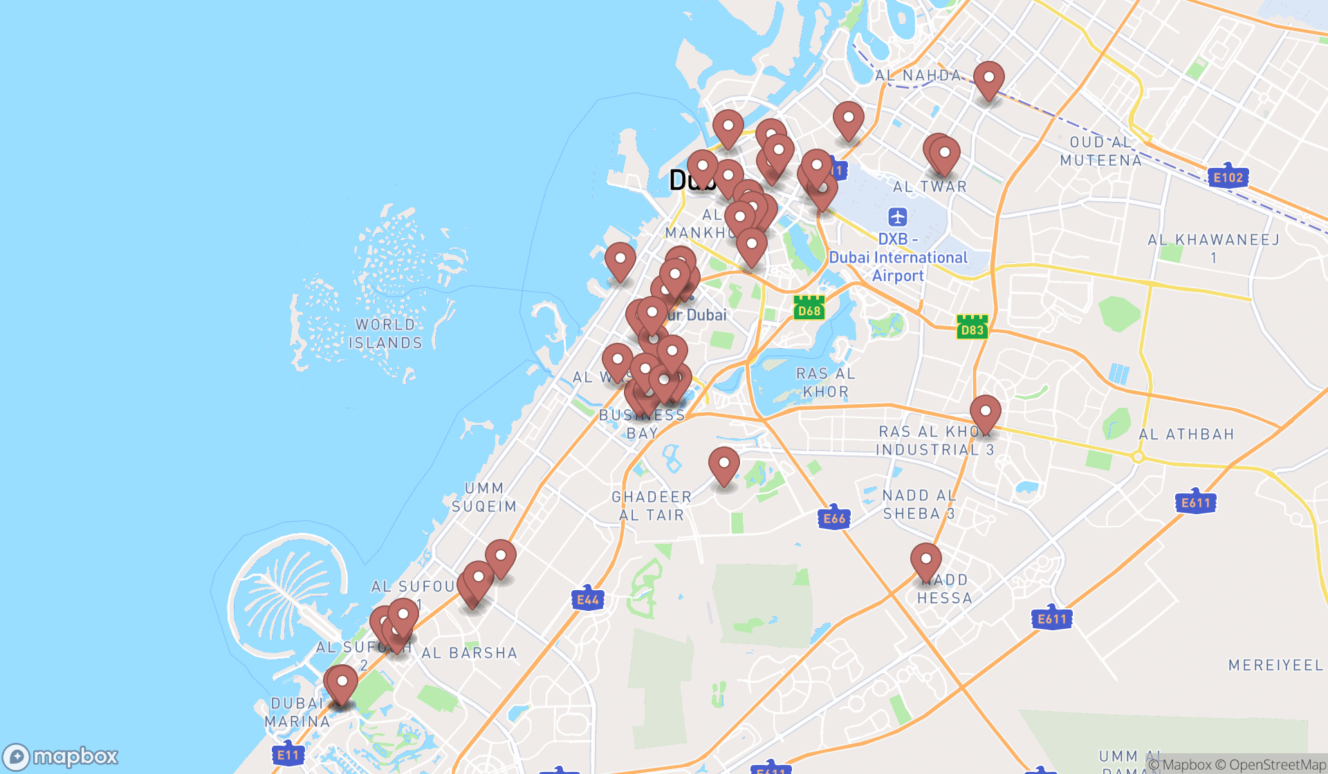 Map showing the search results in Dubai