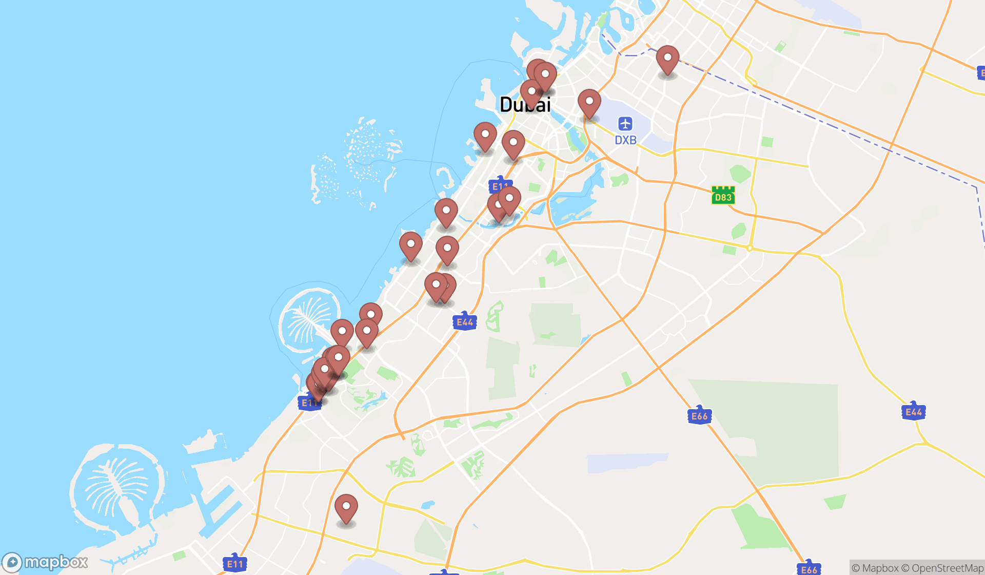 Map showing the search results in Dubai