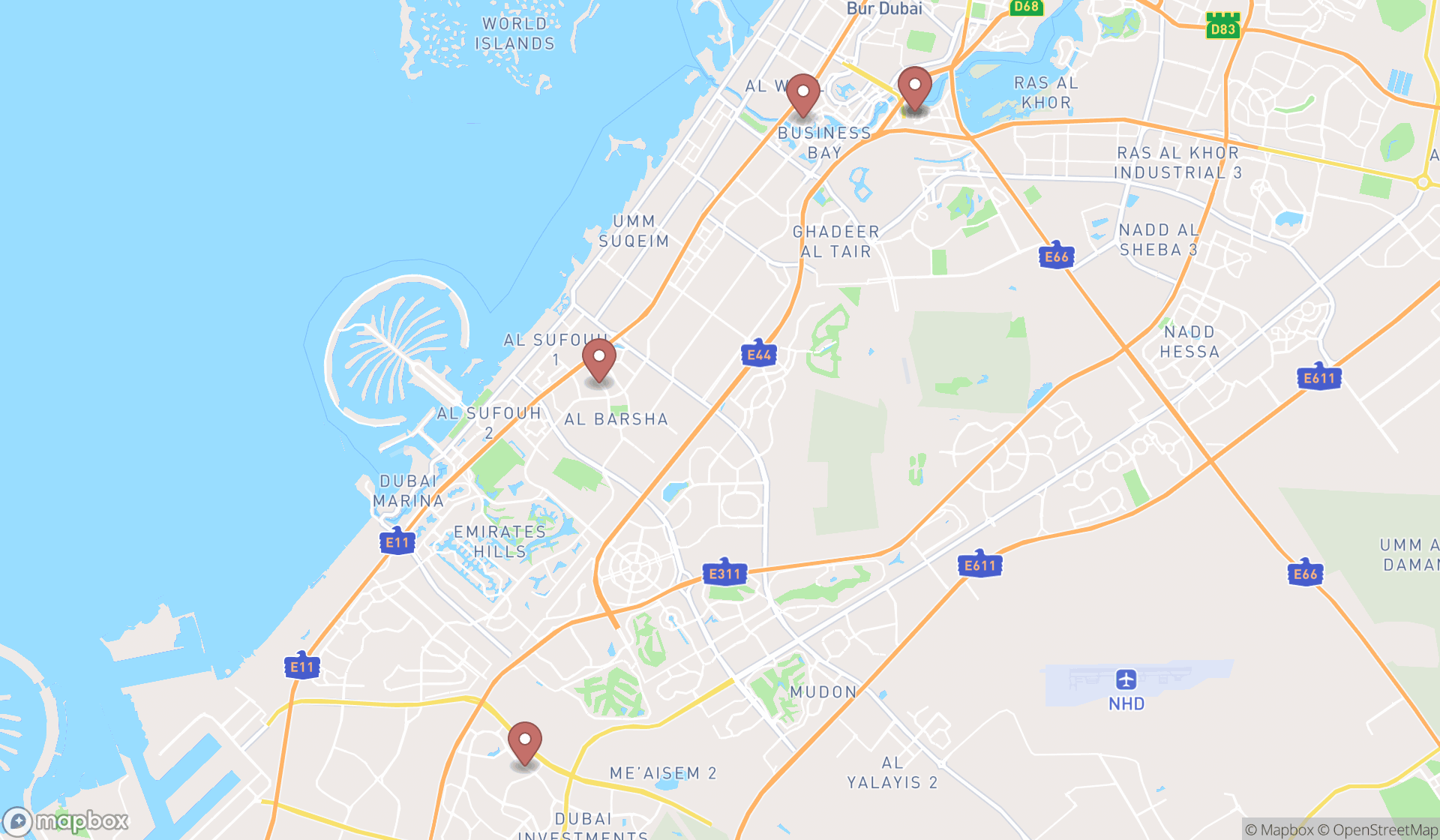 Map showing the search results in Dubai