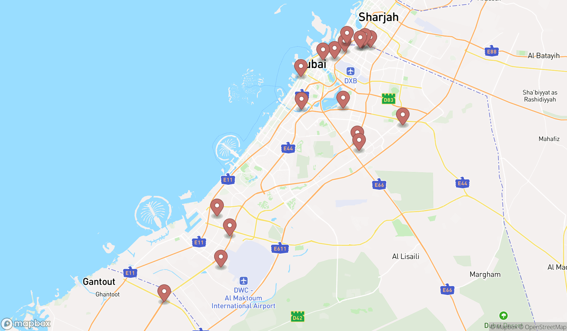Map showing the search results in Dubai