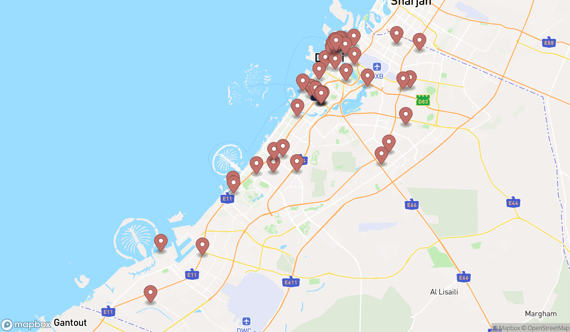 Map showing the search results in Dubai