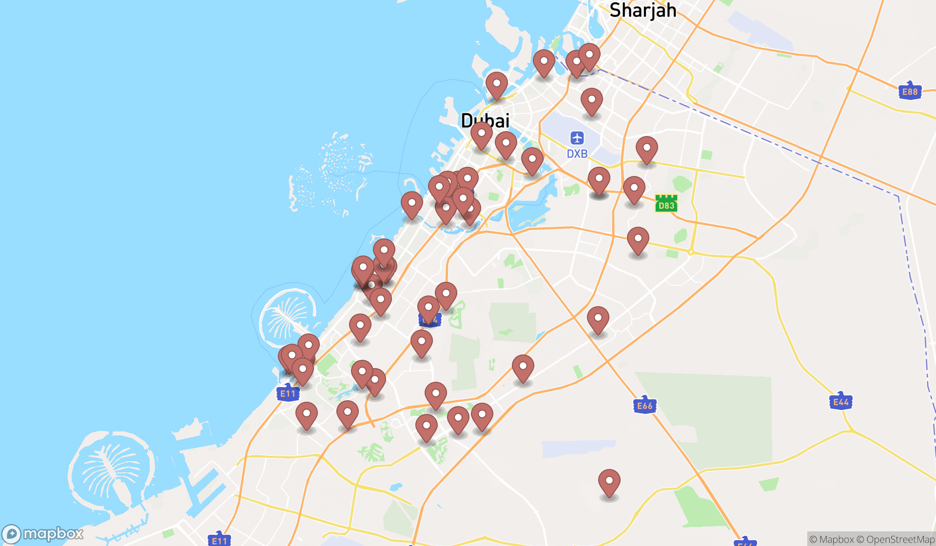 Map showing the search results in Dubai