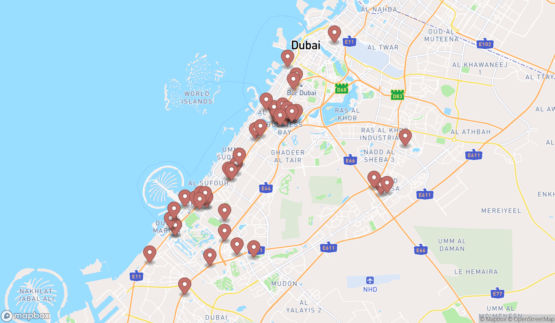 Map showing the search results in Dubai