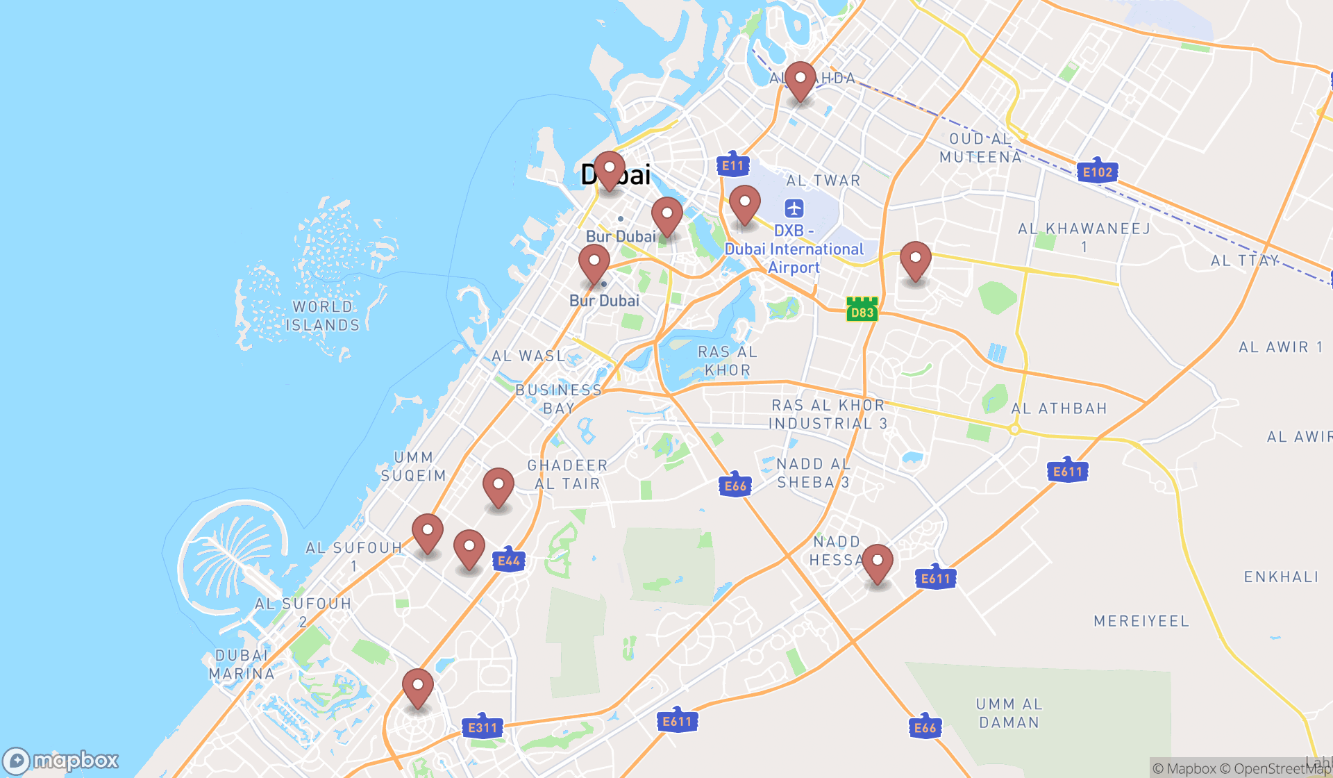 Map showing the search results in Dubai