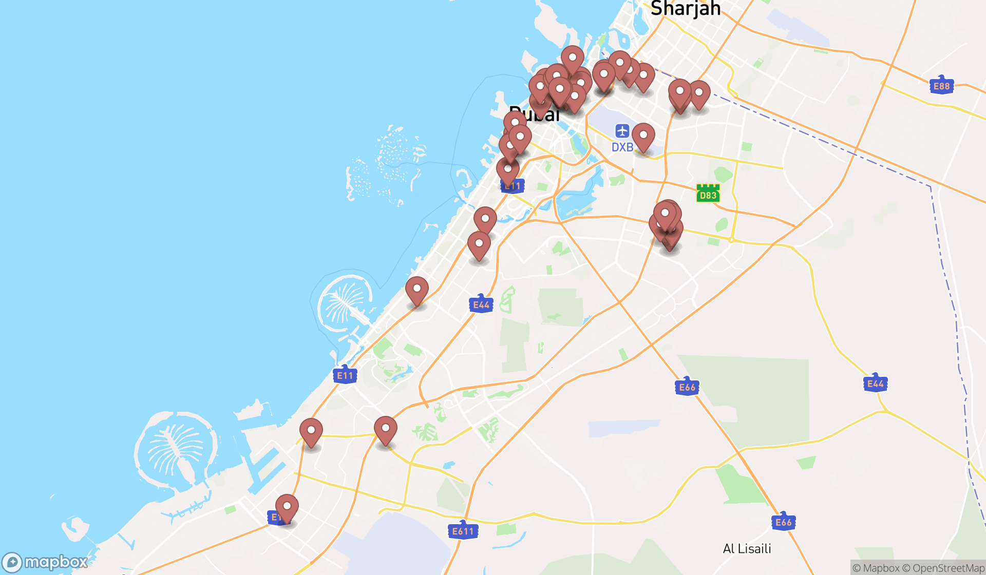 Map showing the search results in Dubai