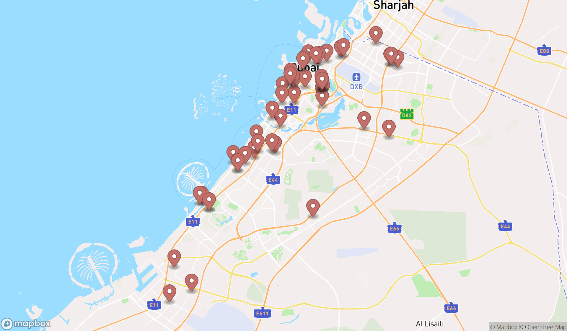 Map showing the search results in Dubai