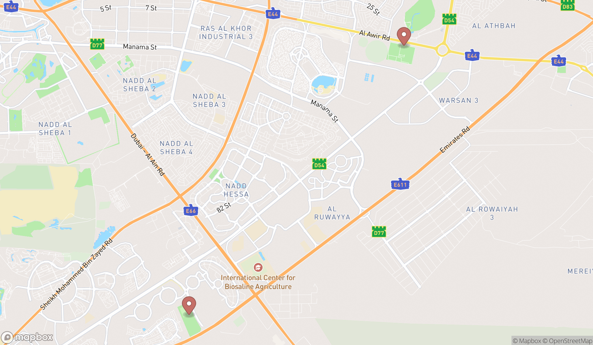 Map showing the search results in Dubai