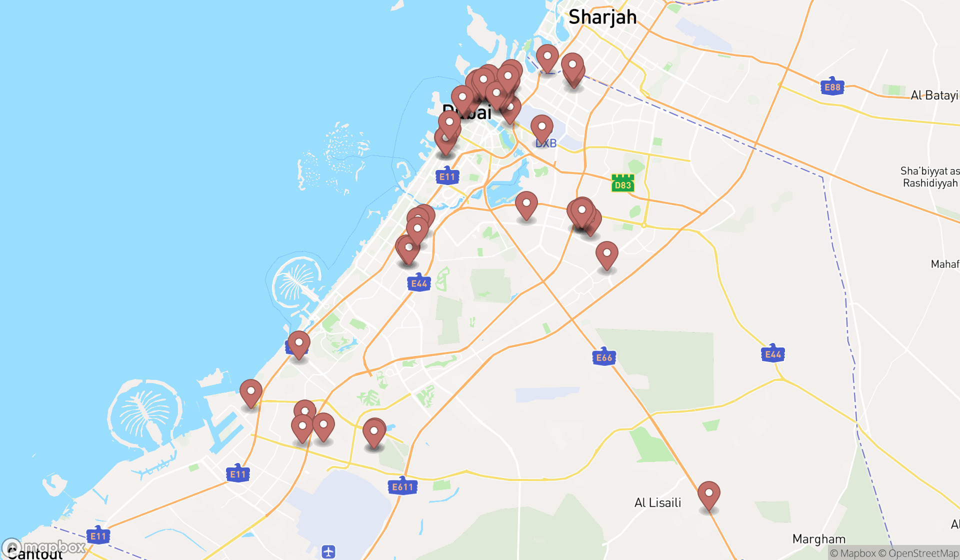 Map showing the search results in Dubai