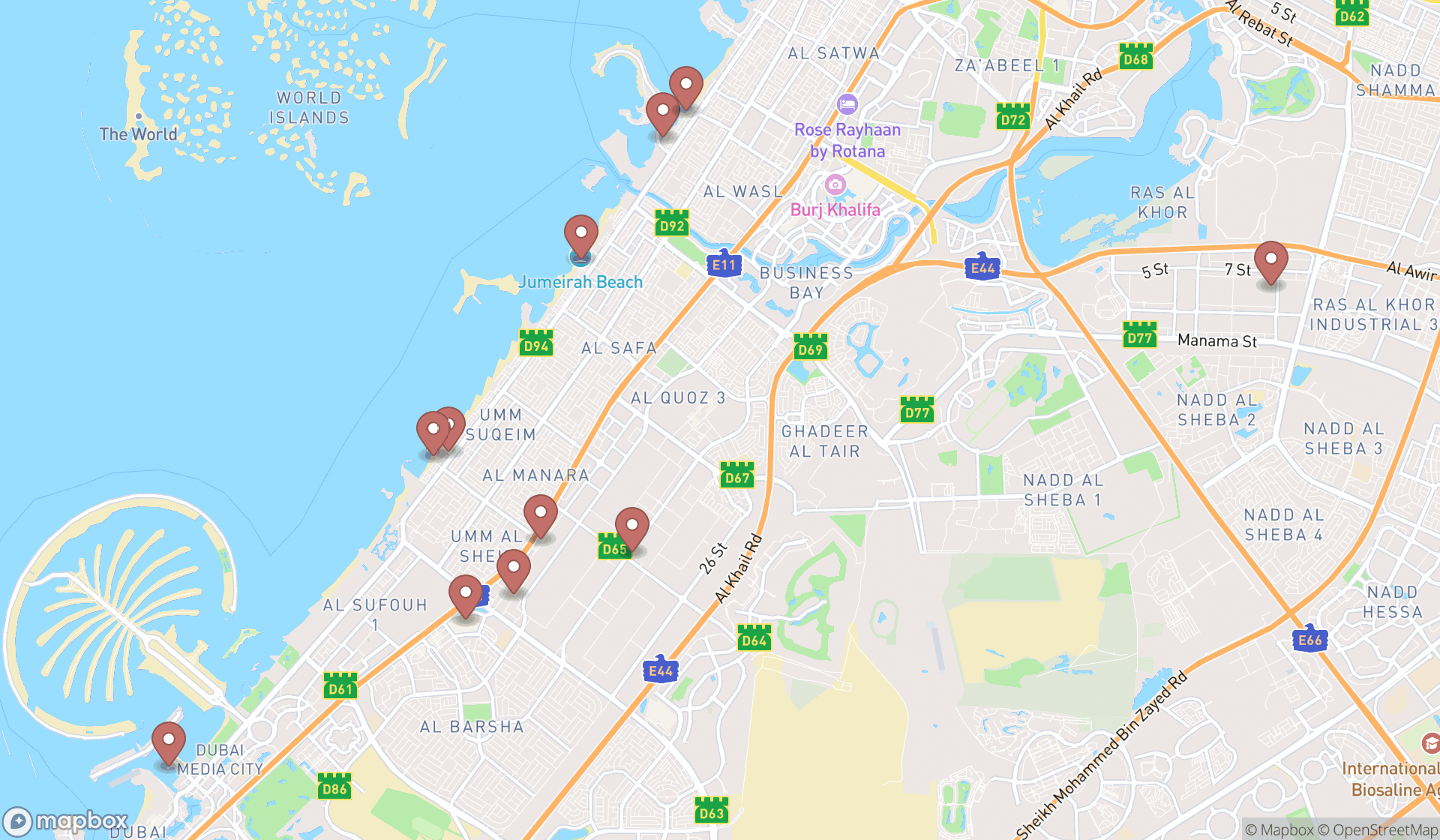 Map showing the search results in Dubai