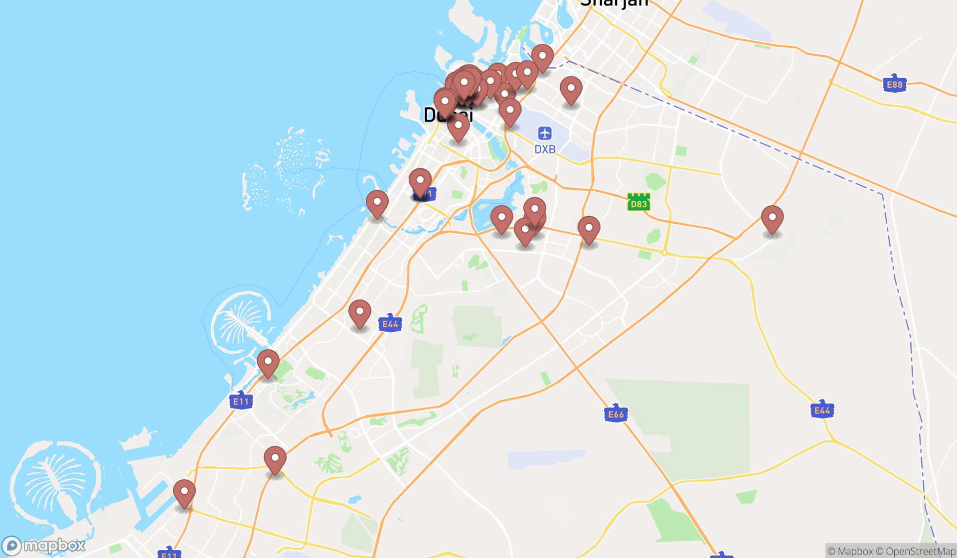 Map showing the search results in Dubai