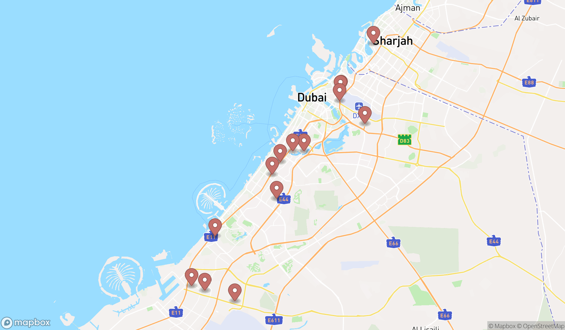 Map showing the search results in Dubai