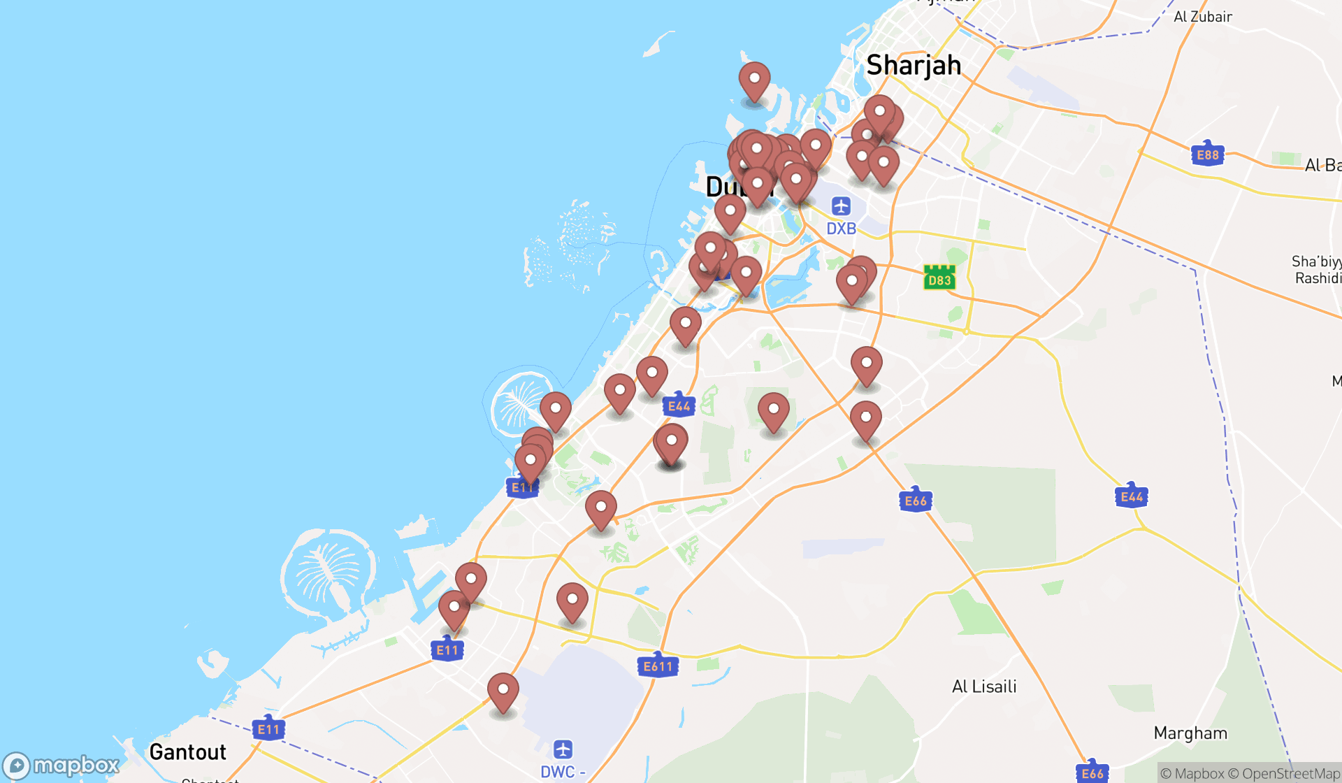 Map showing the search results in Dubai