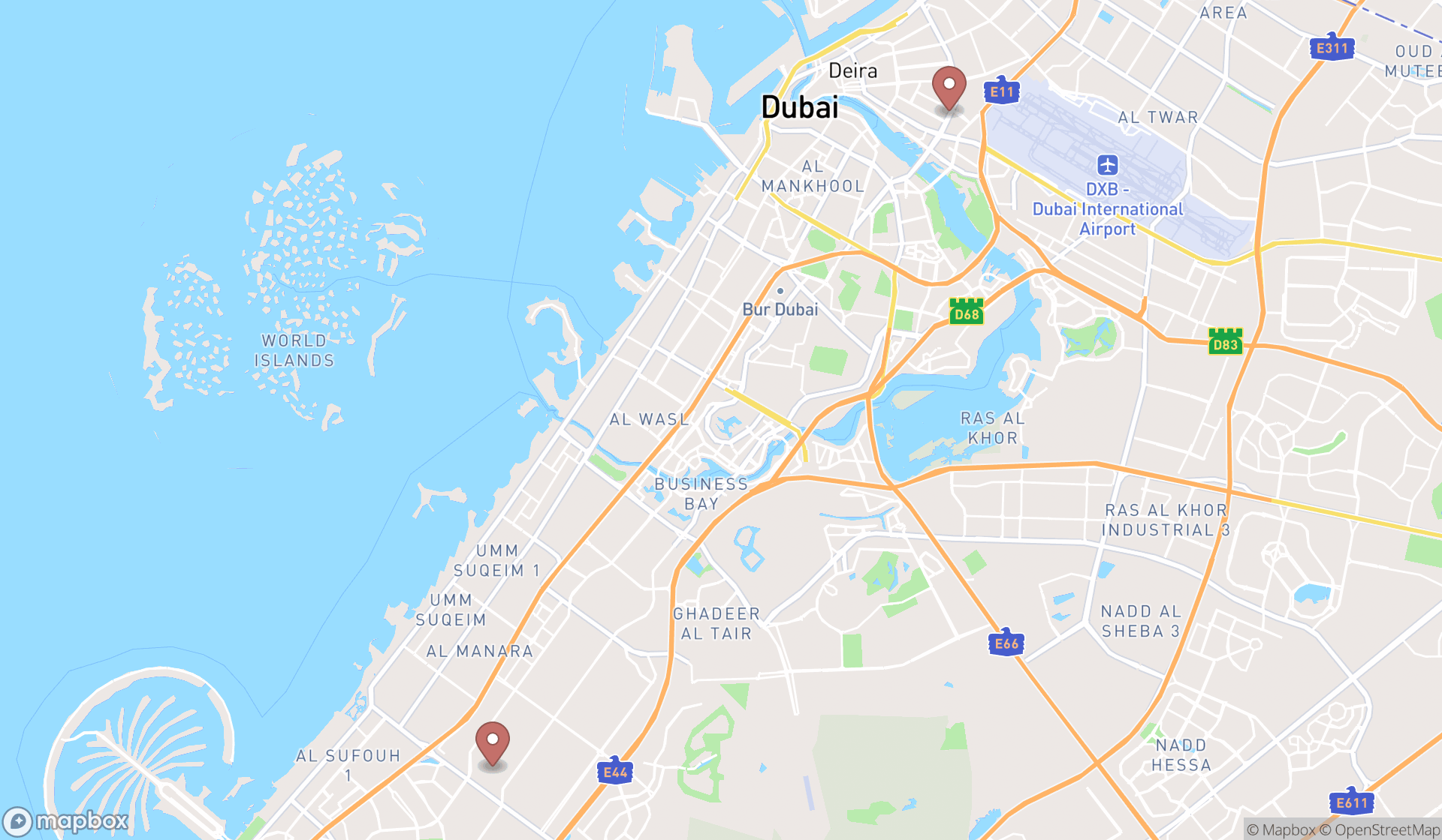 Map showing the search results in Dubai