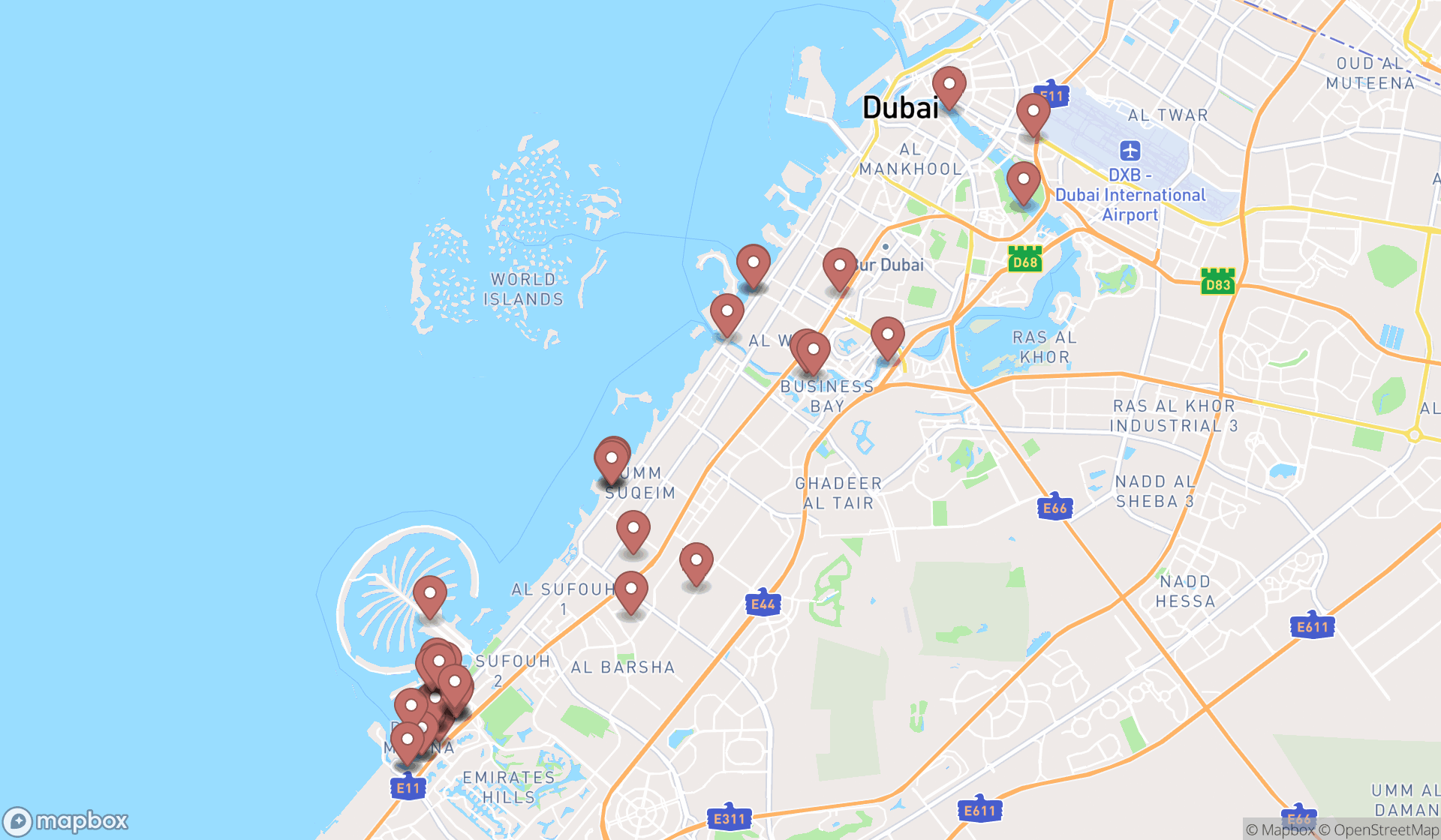 Map showing the search results in Dubai
