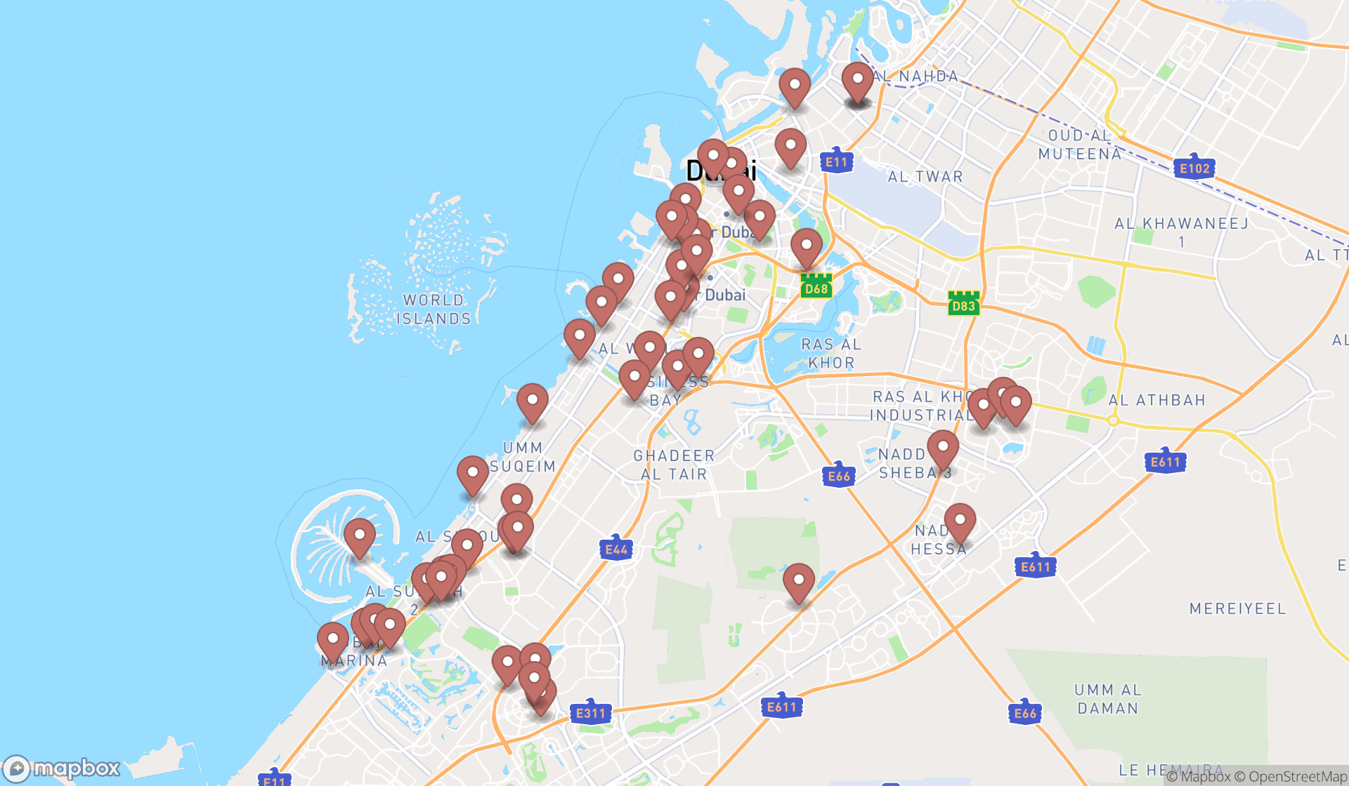 Map showing the search results in Dubai