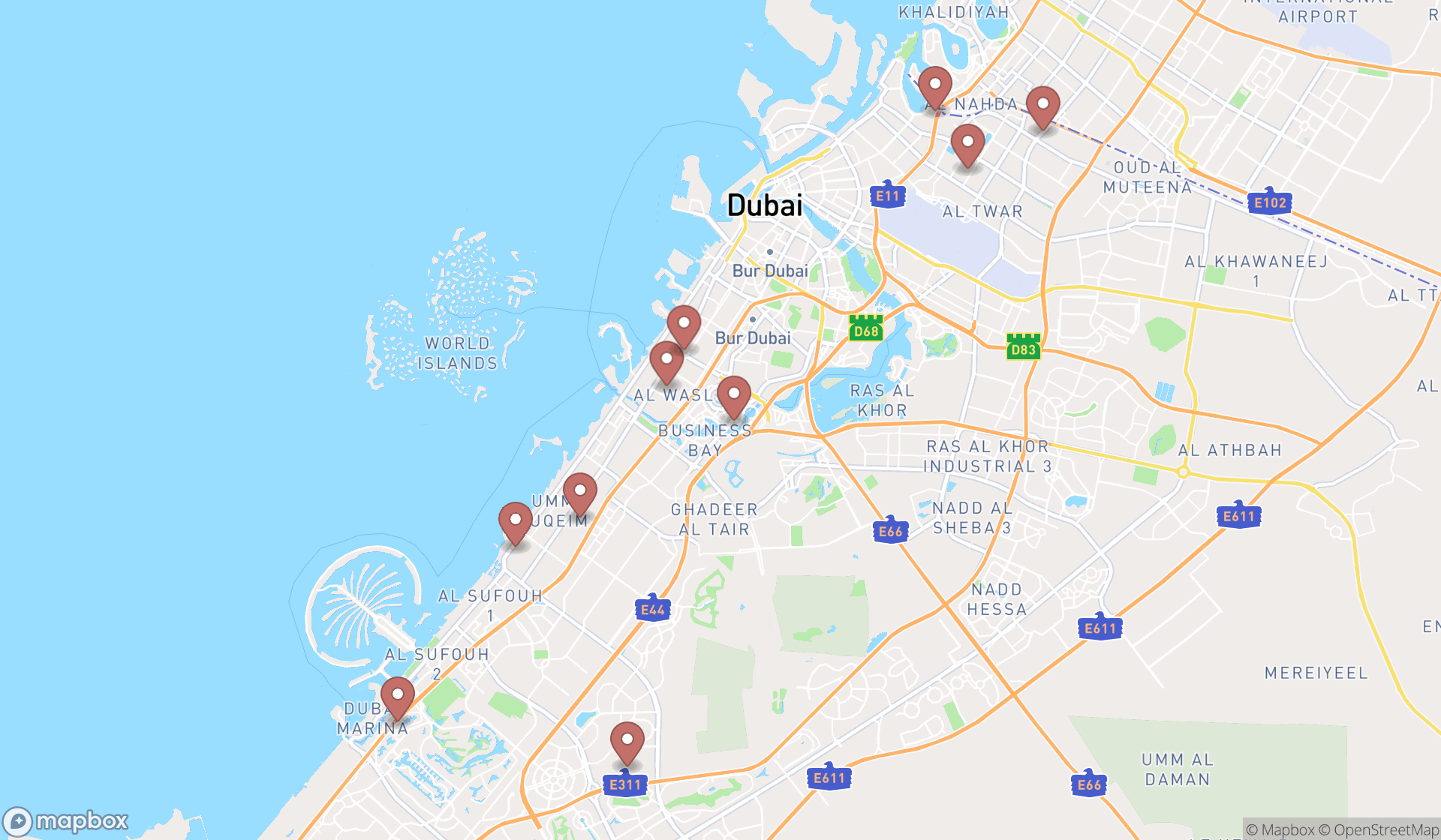 Map showing the search results in Dubai