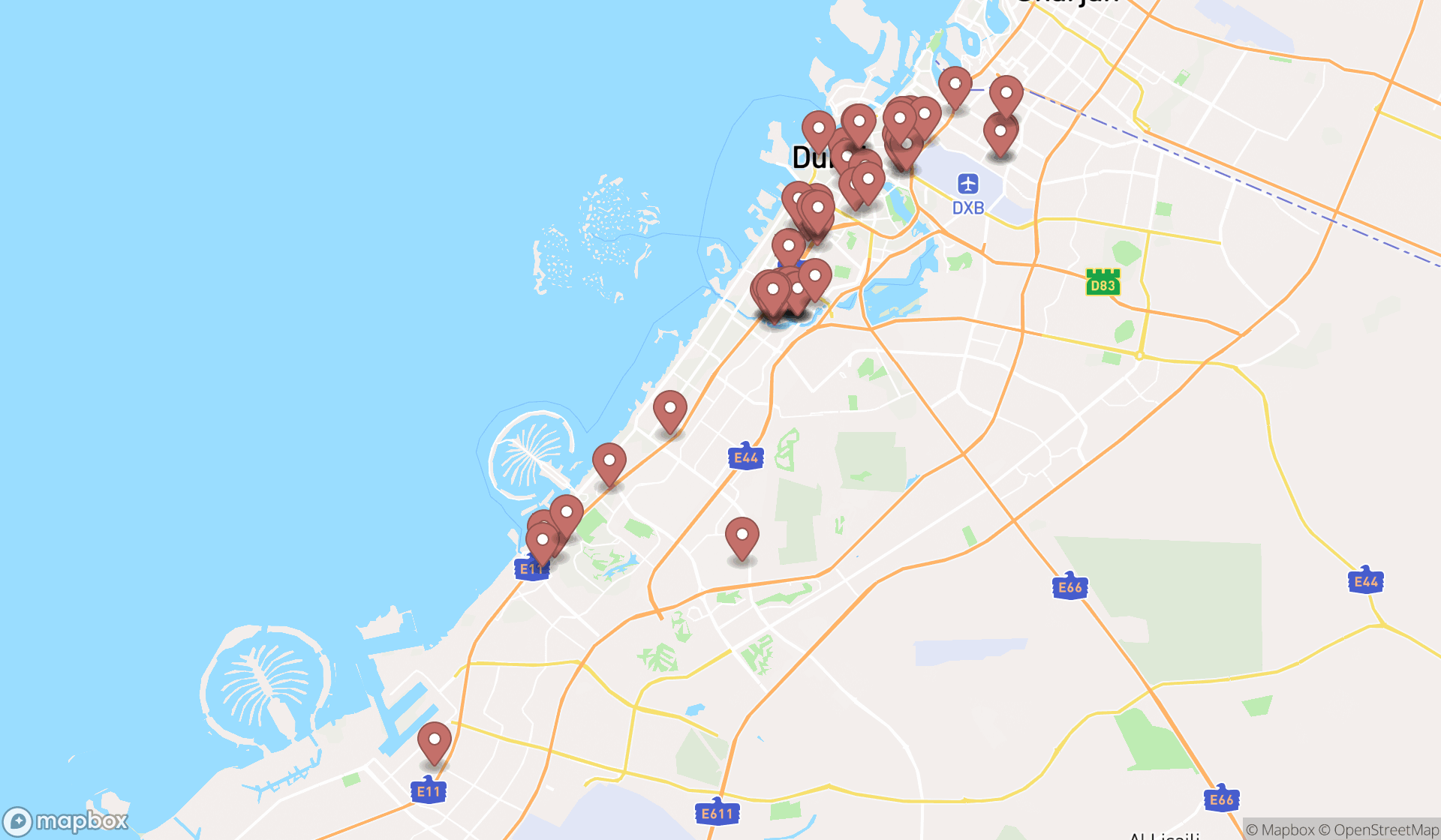 Map showing the search results in Dubai