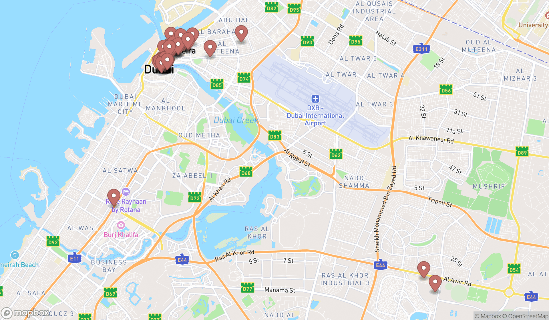 Map showing the search results in Dubai