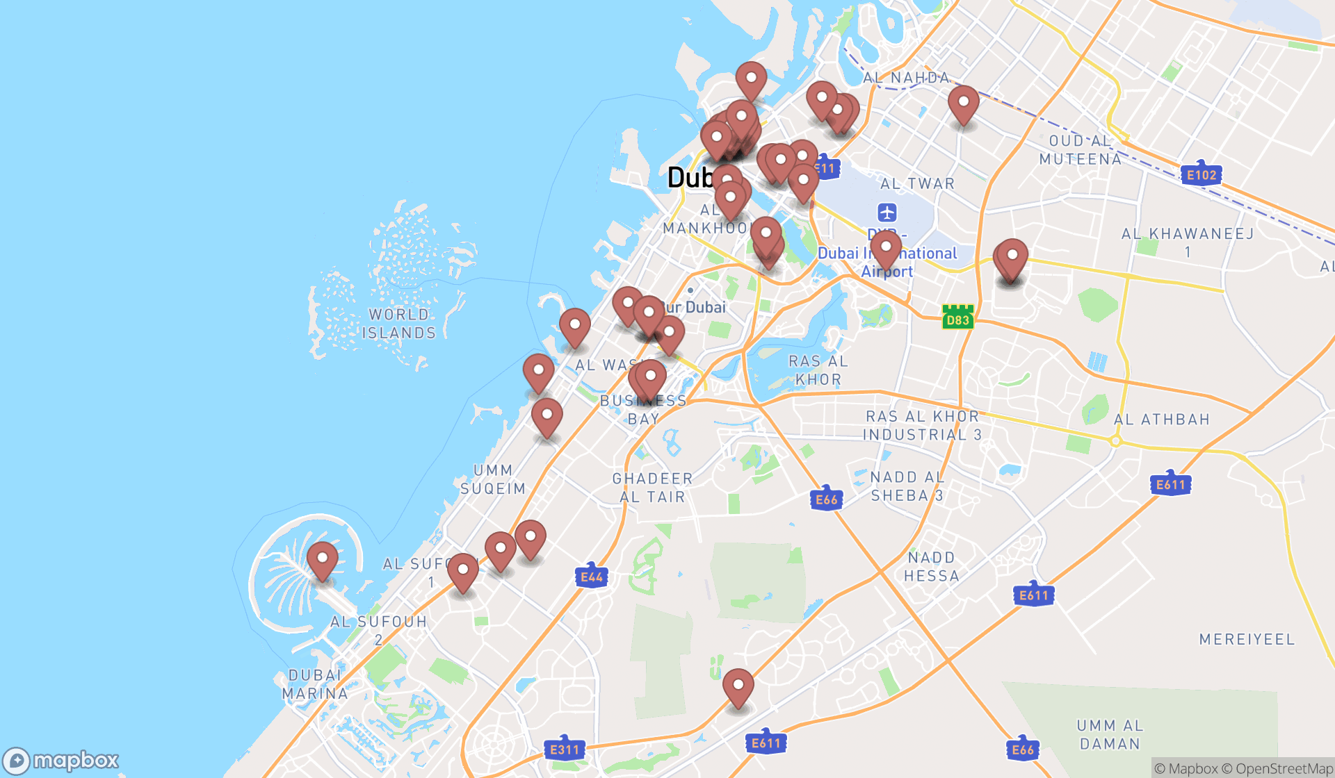 Map showing the search results in Dubai