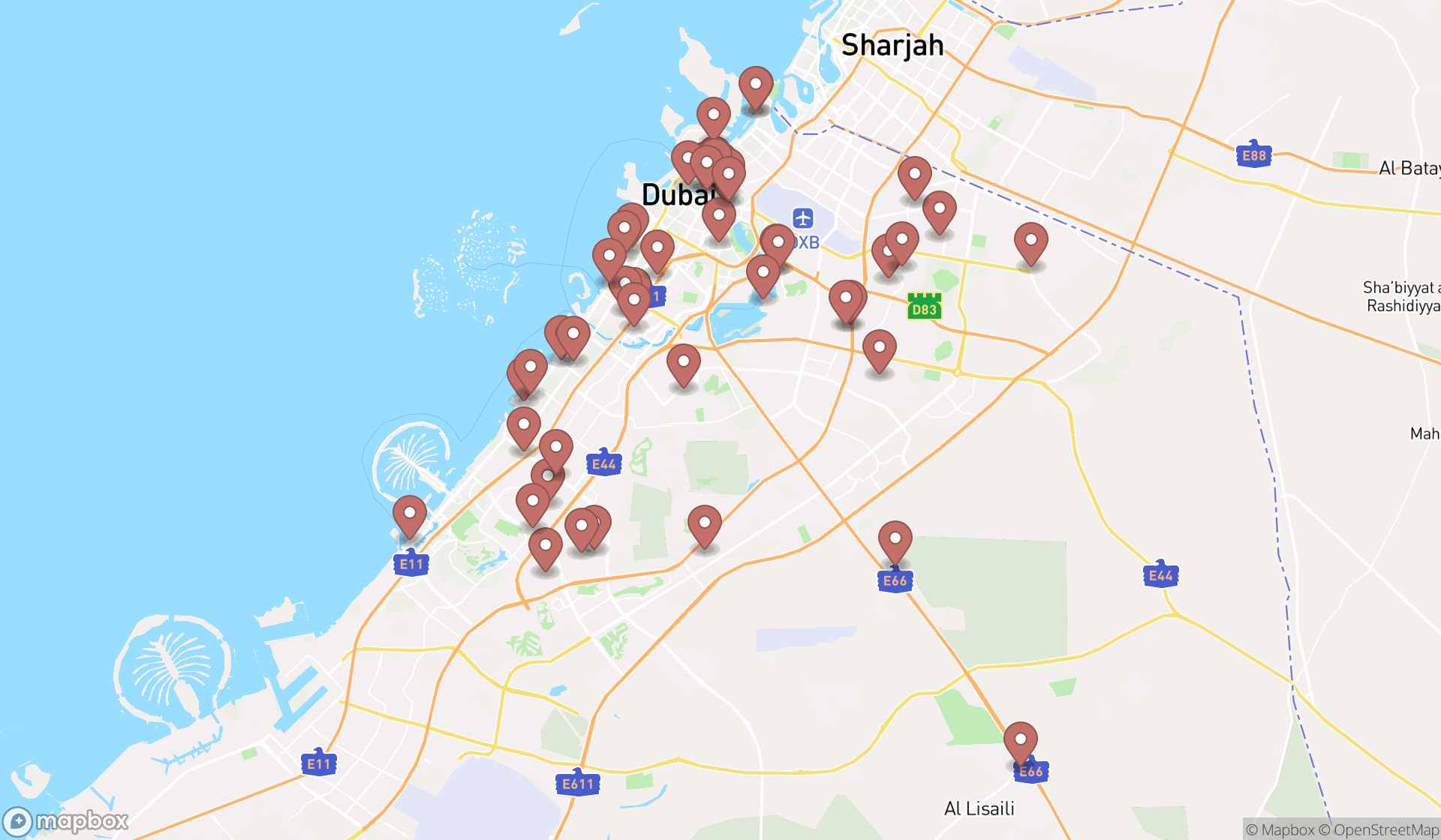 Map showing the search results in Dubai