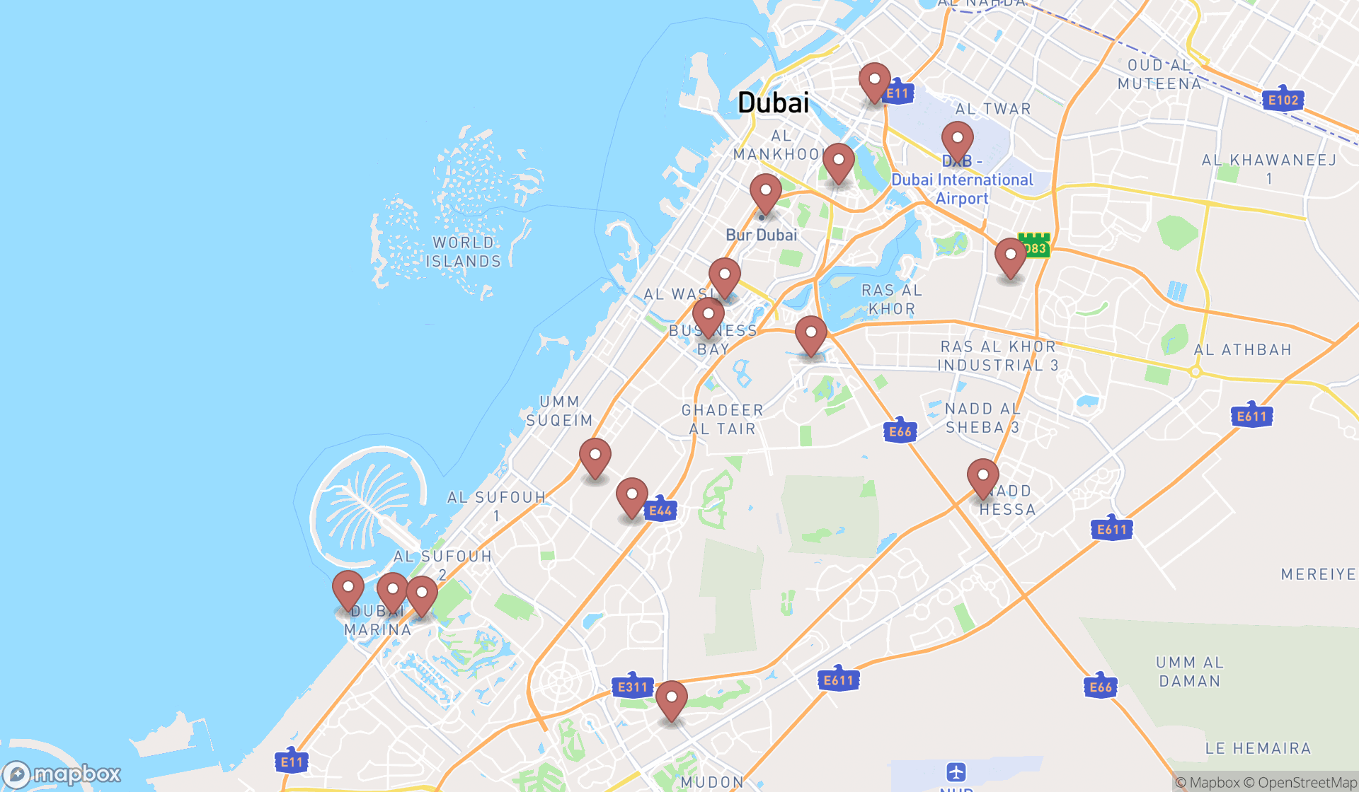 Map showing the search results in Dubai