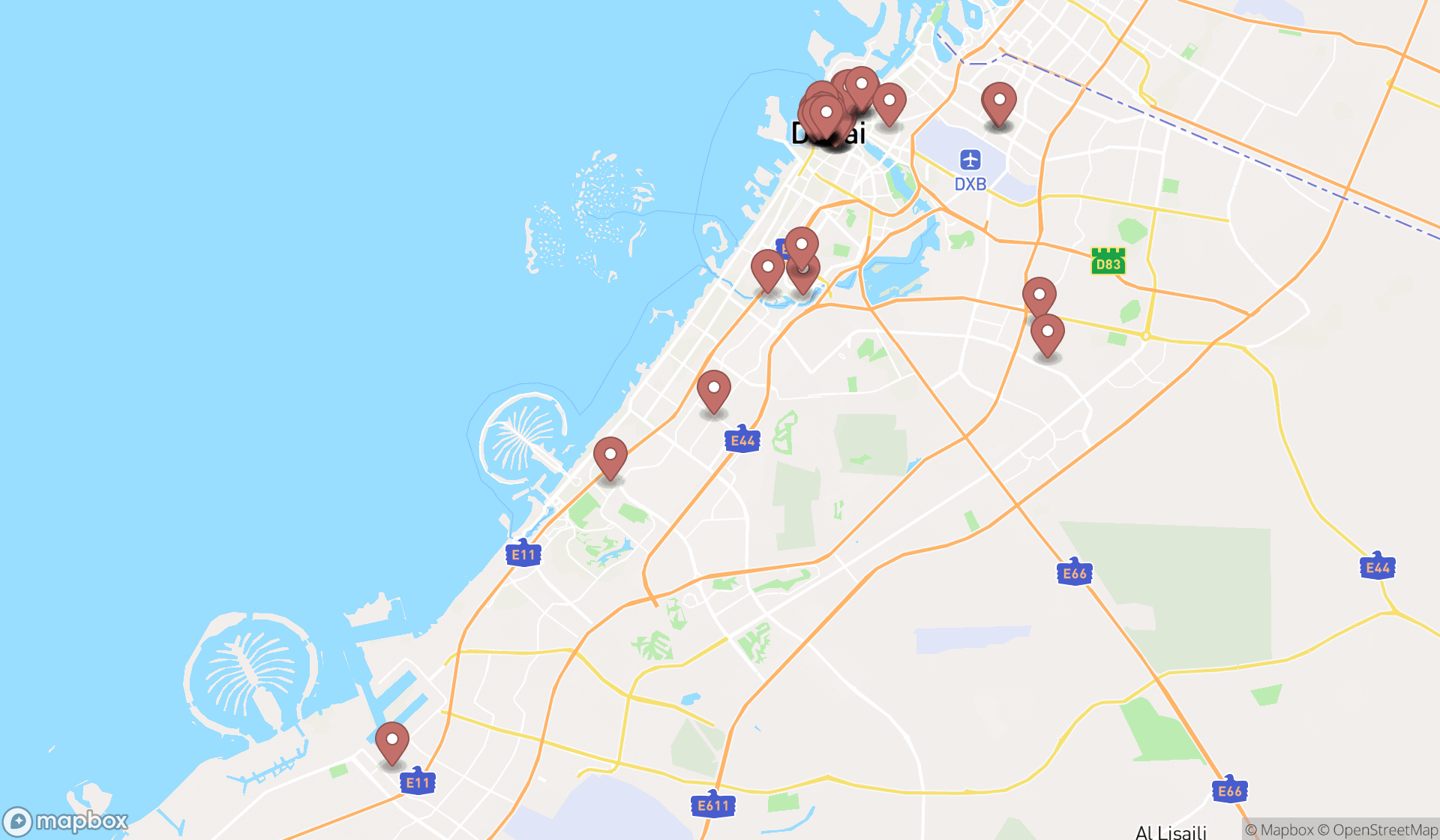 Map showing the search results in Dubai
