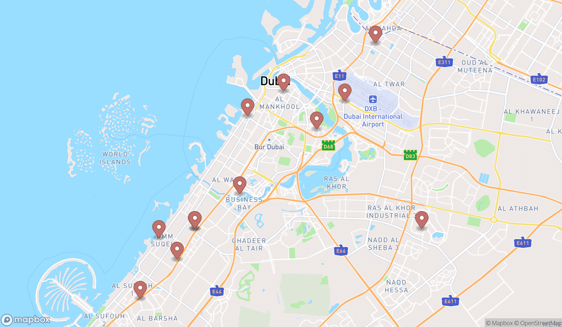 Map showing the search results in Dubai