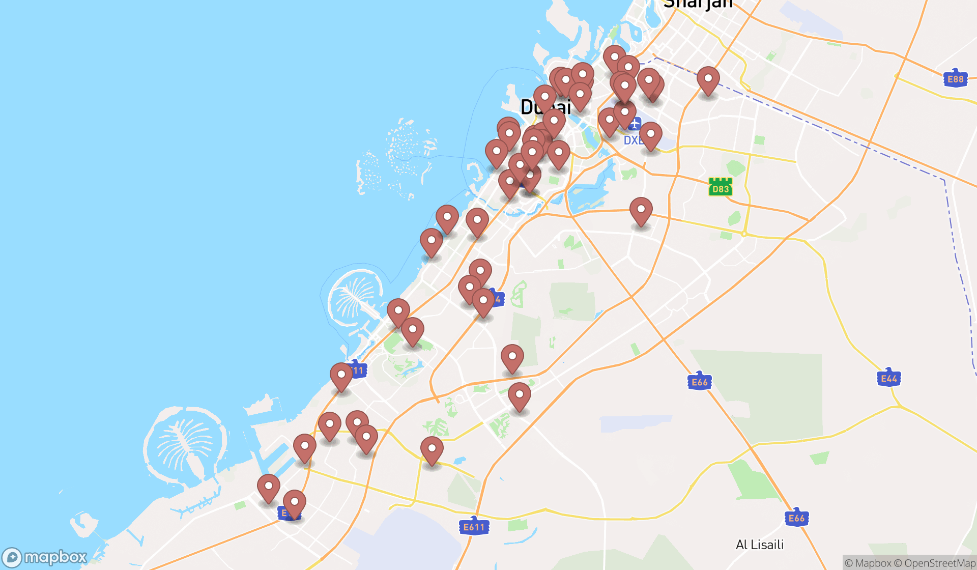 Map showing the search results in Dubai