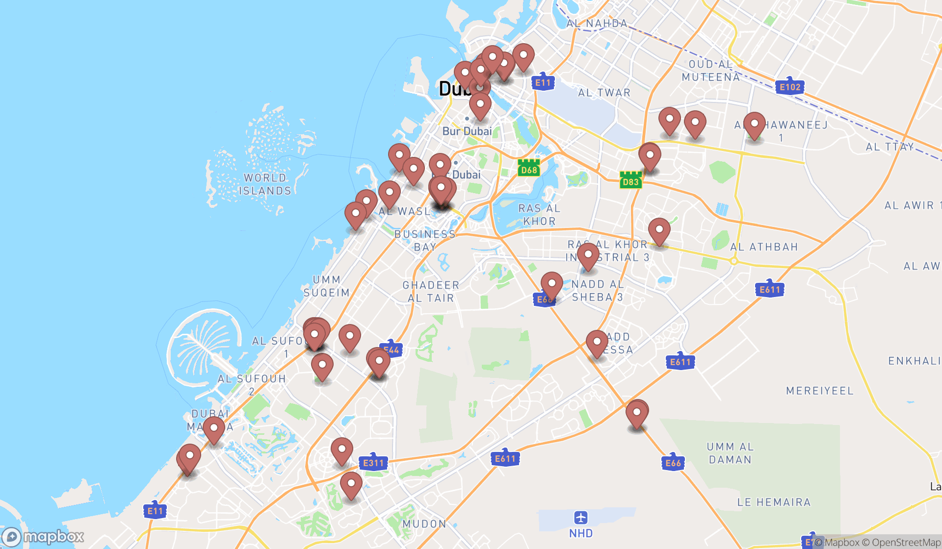 Map showing the search results in Dubai