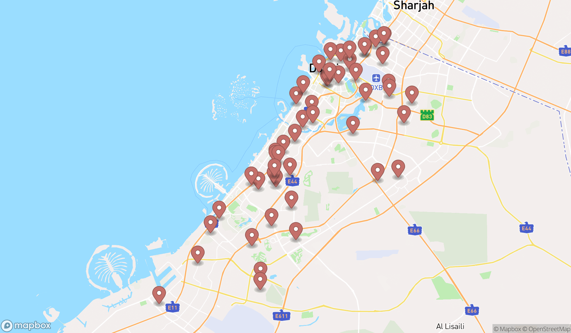Map showing the search results in Dubai