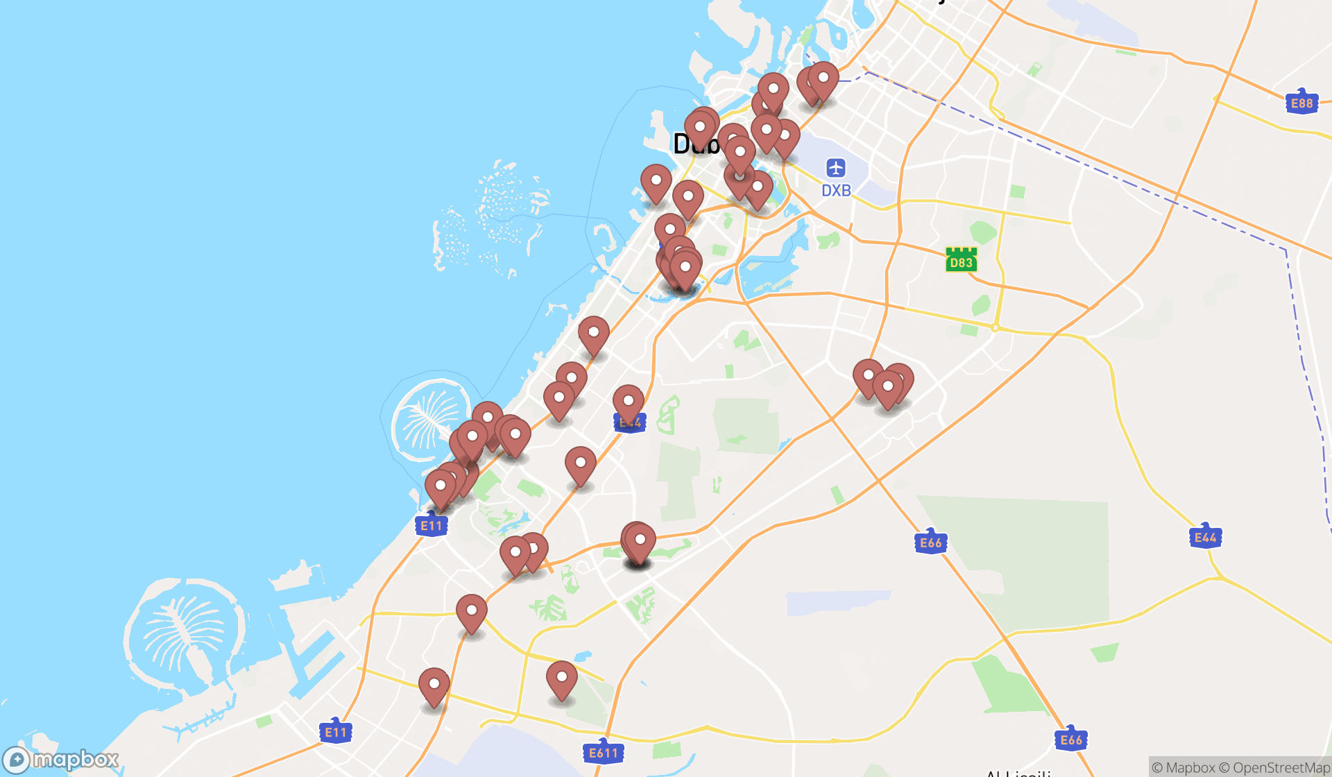 Map showing the search results in Dubai
