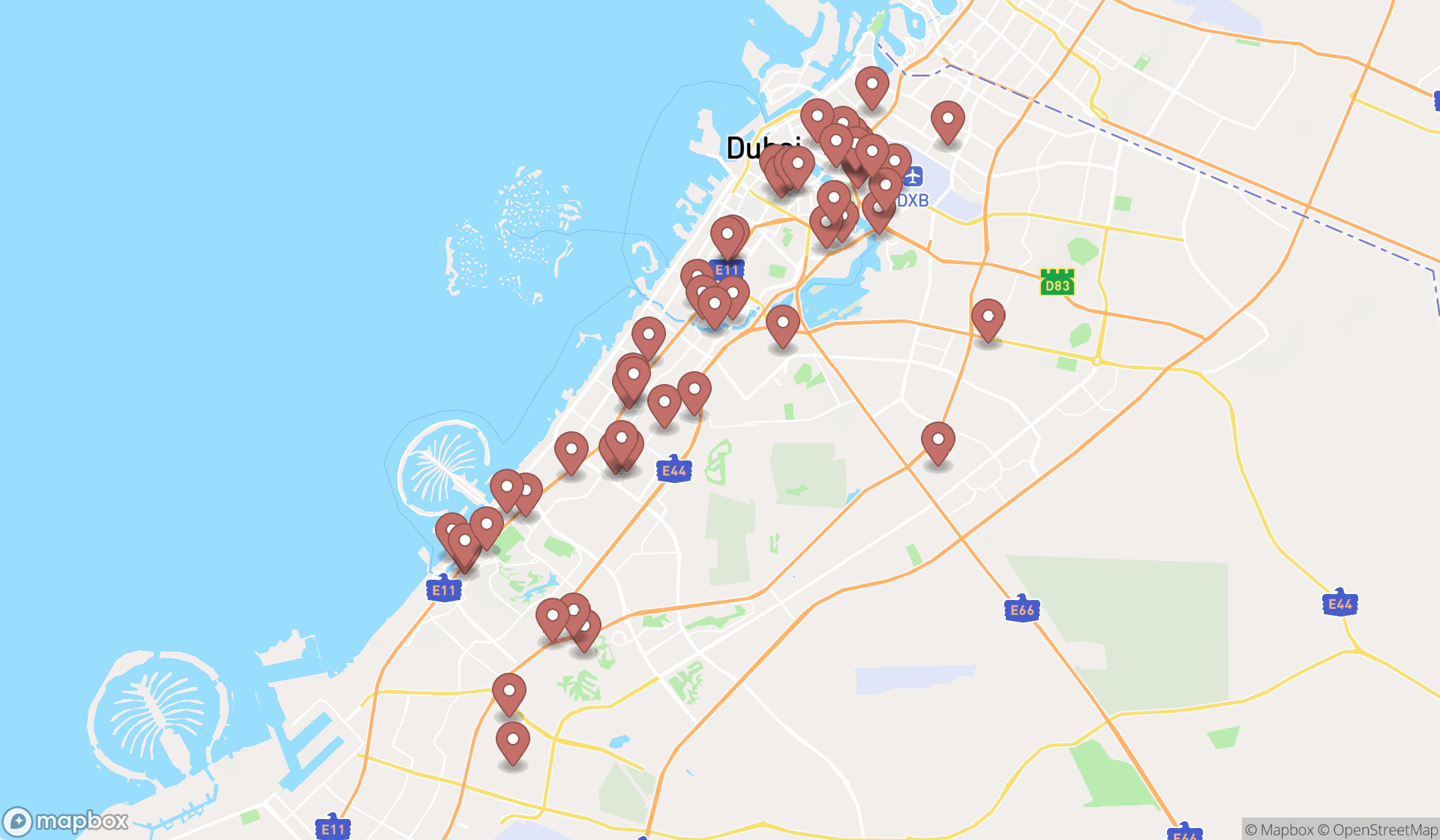 Map showing the search results in Dubai