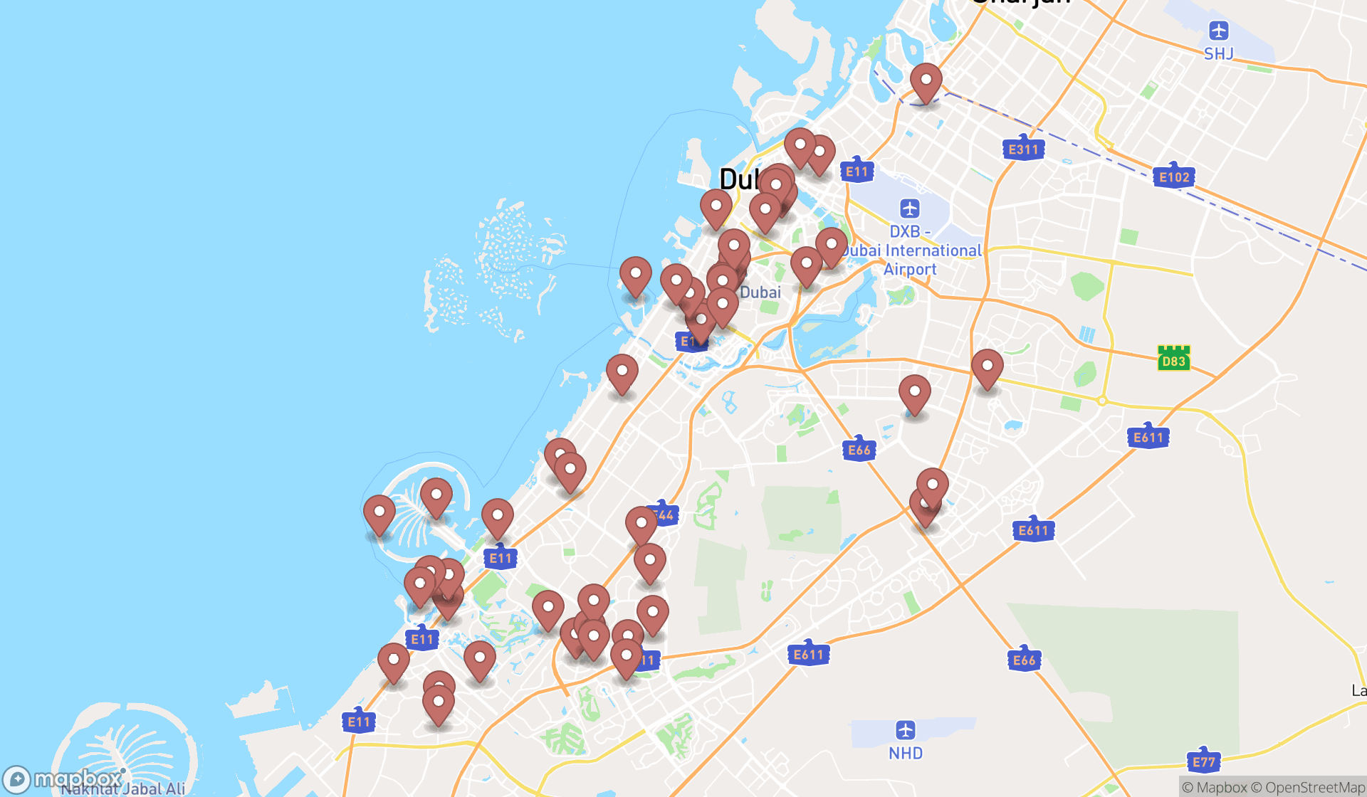 Map showing the search results in Dubai