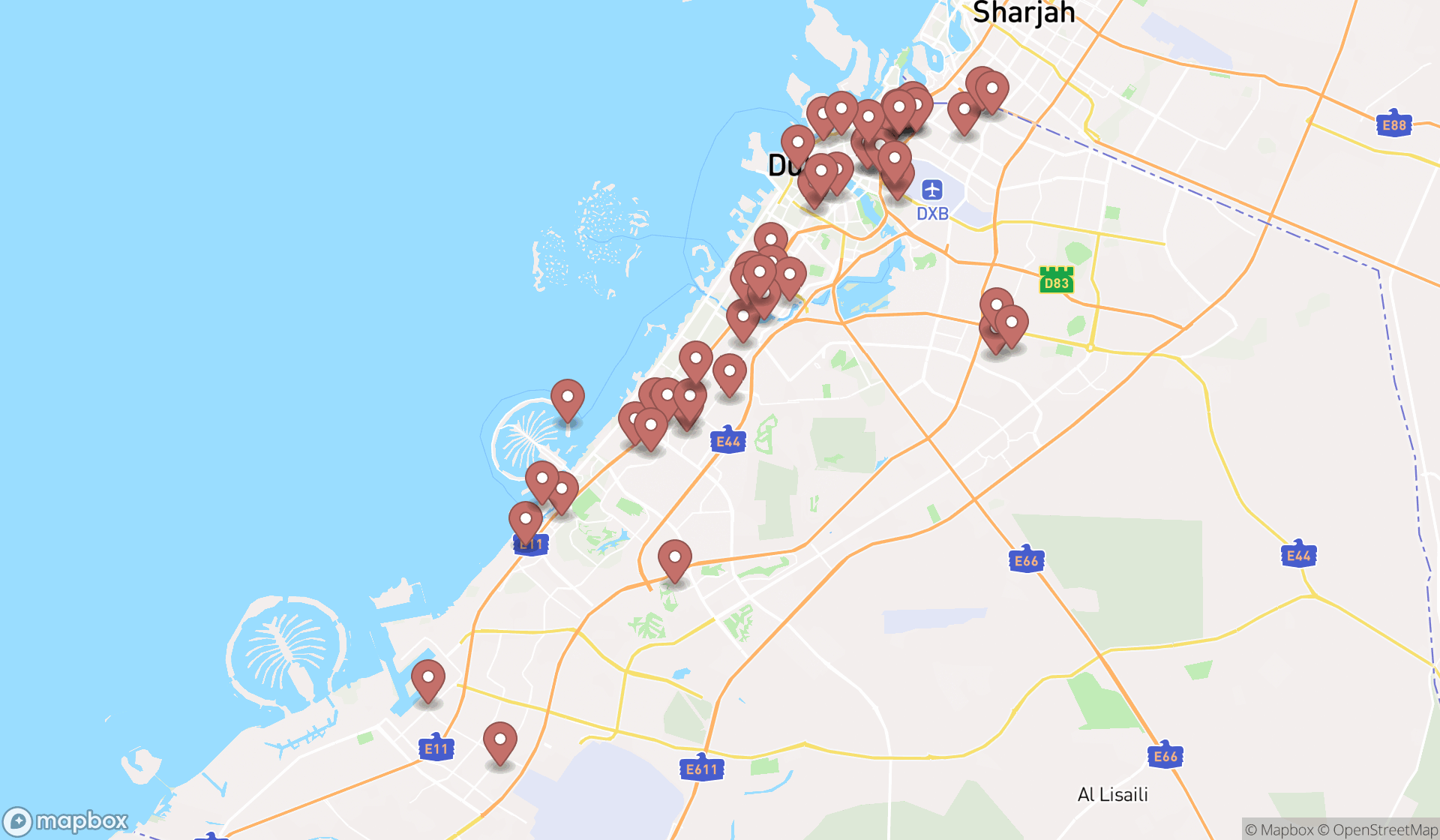 Map showing the search results in Dubai
