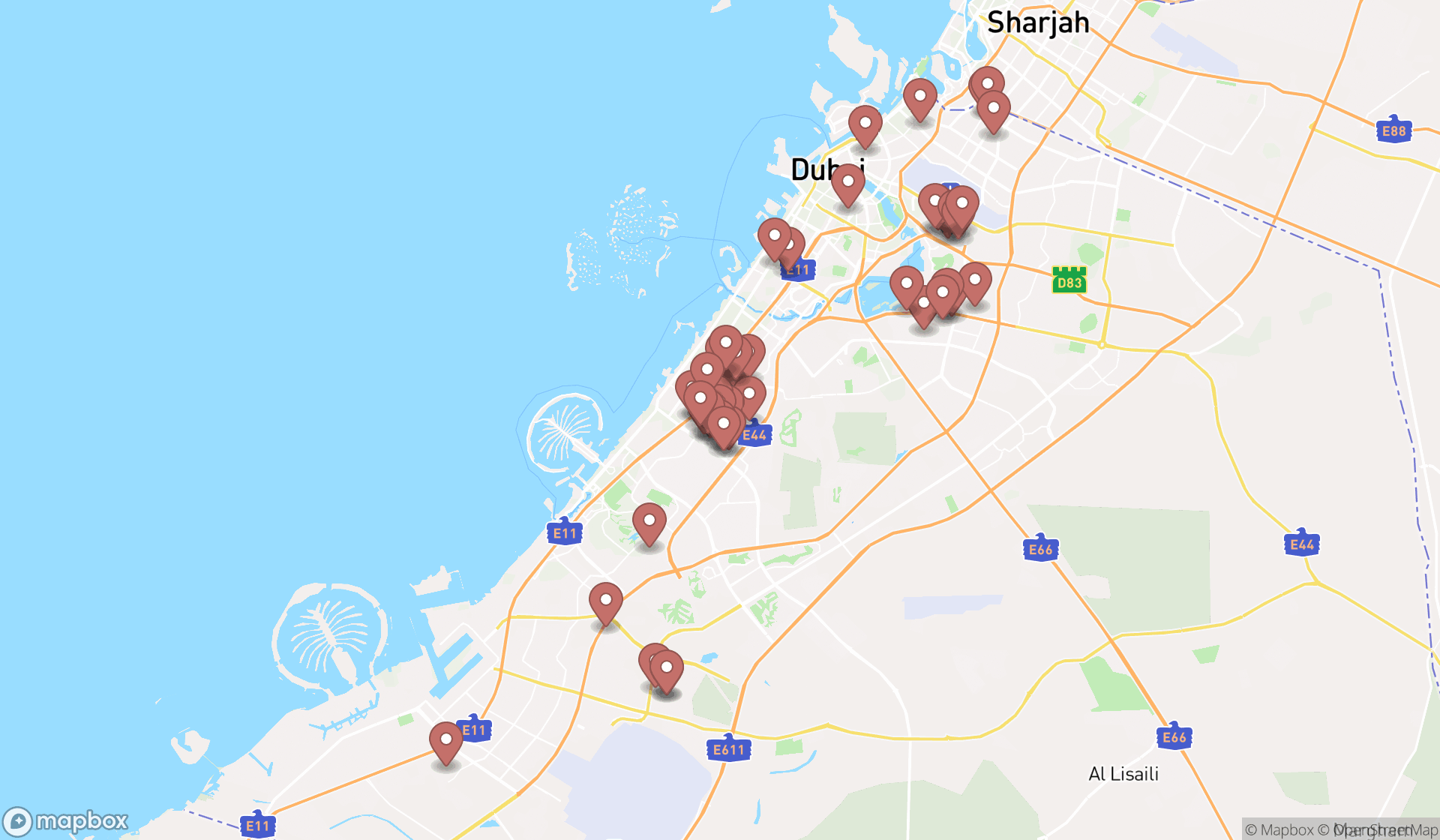 Map showing the search results in Dubai