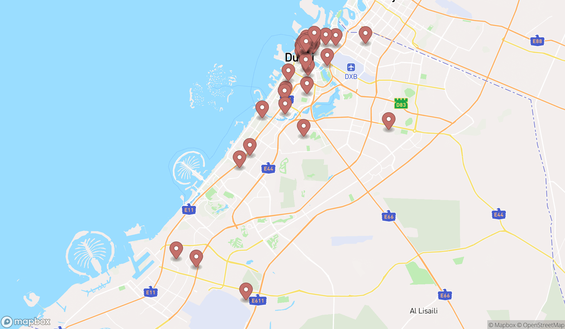 Map showing the search results in Dubai