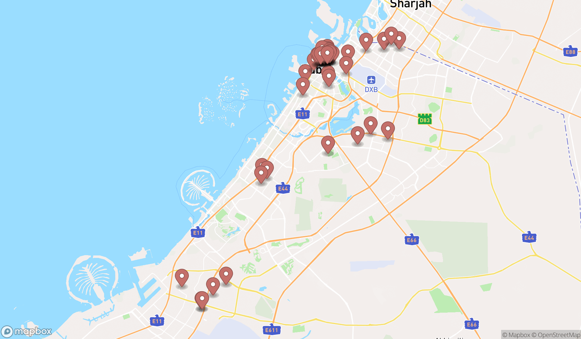 Map showing the search results in Dubai