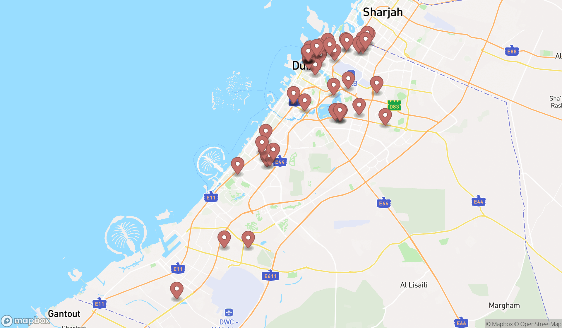 Map showing the search results in Dubai