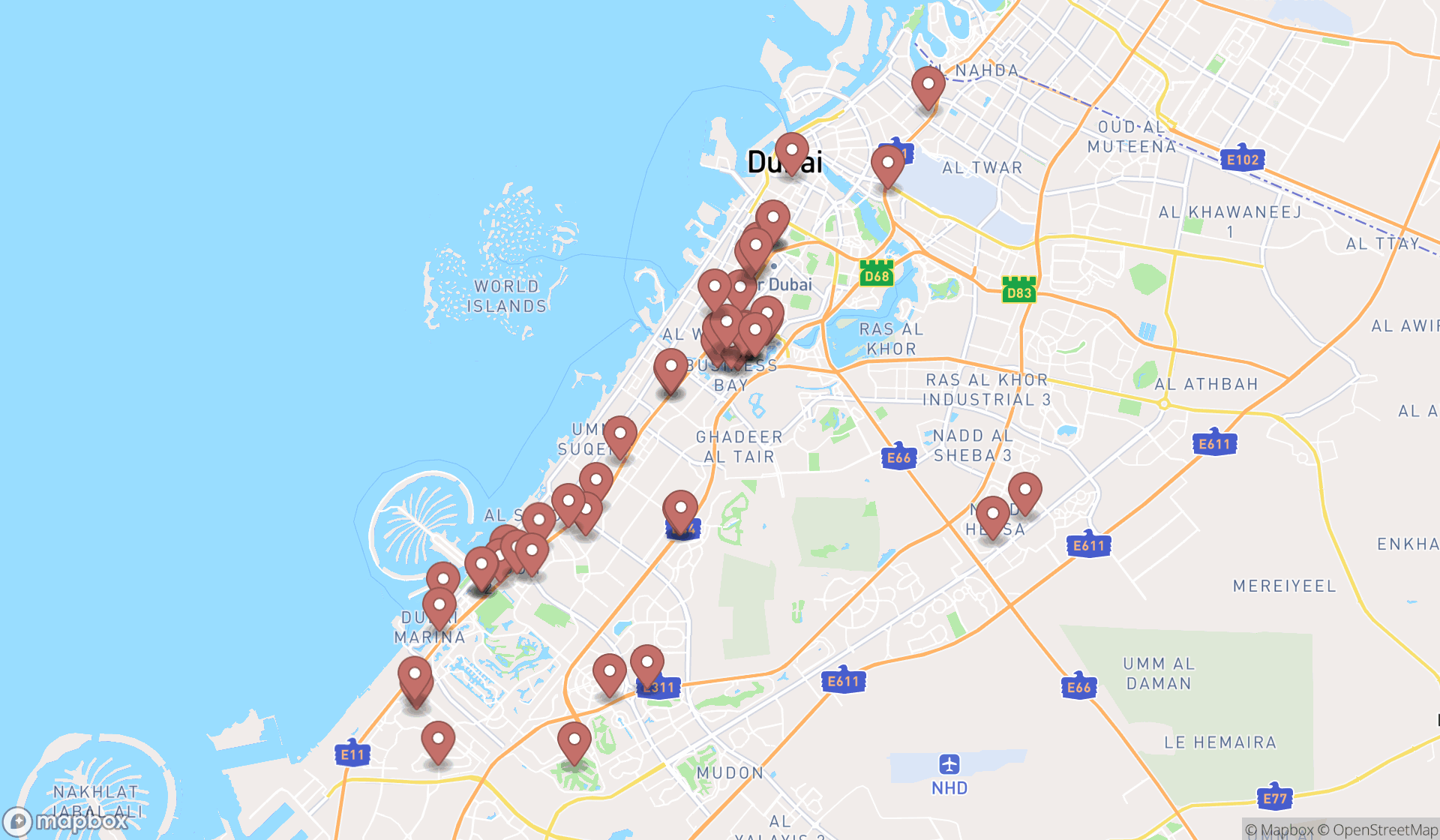 Map showing the search results in Dubai