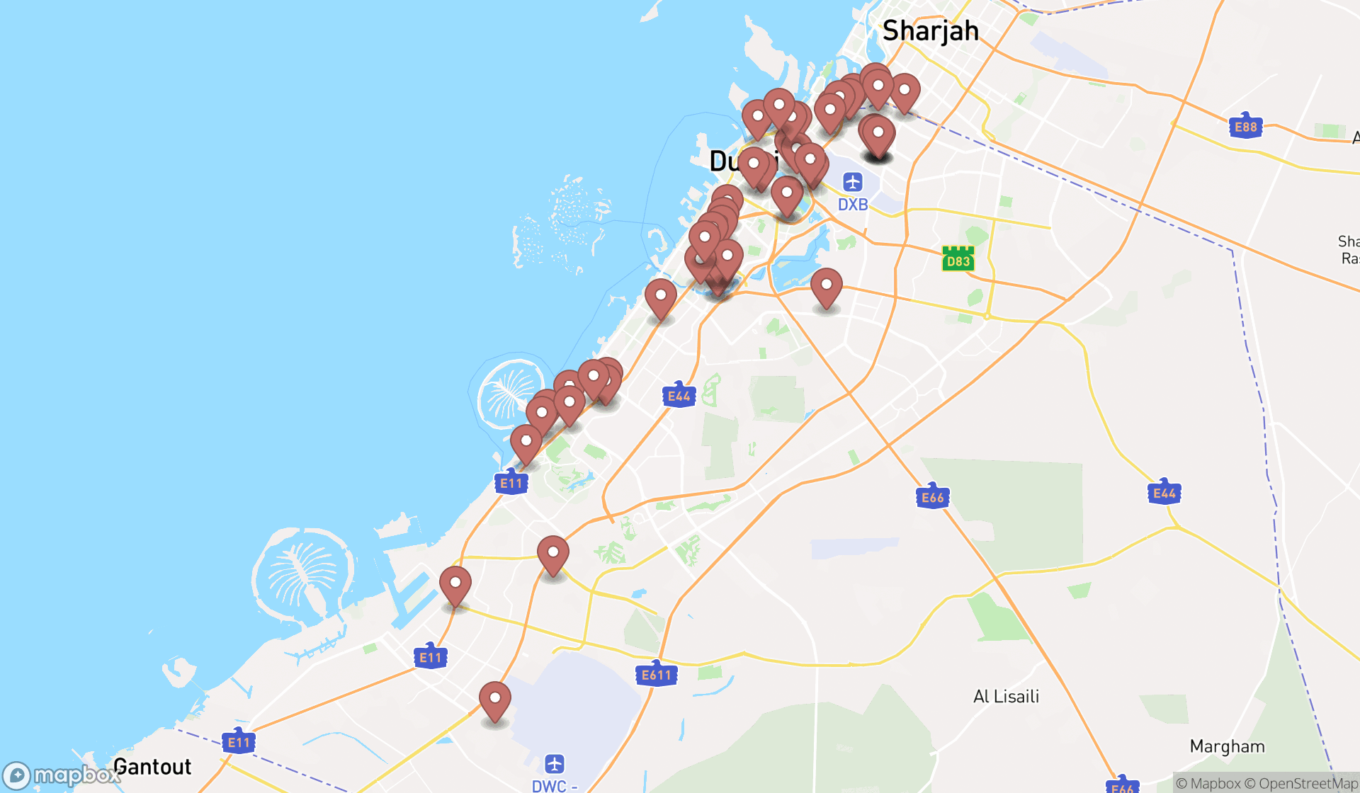 Map showing the search results in Dubai