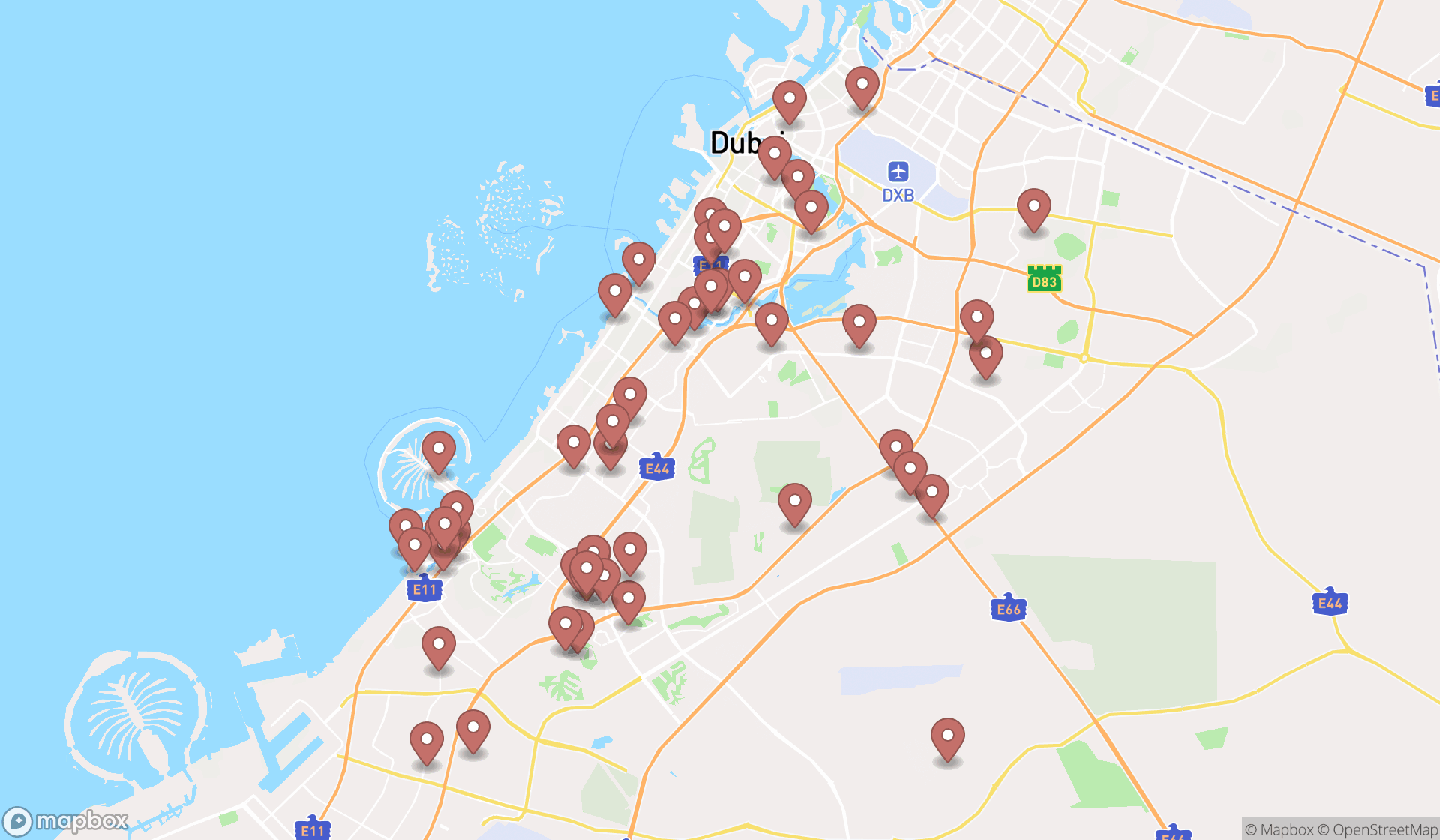 Map showing the search results in Dubai