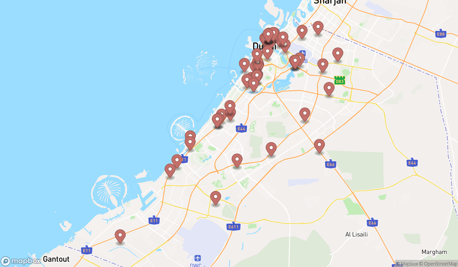 Map showing the search results in Dubai