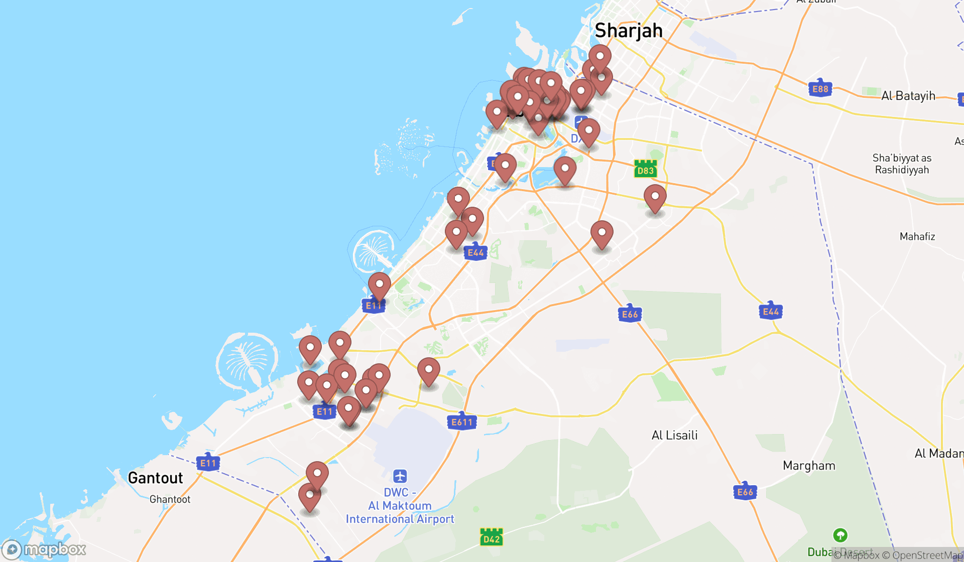 Map showing the search results in Dubai