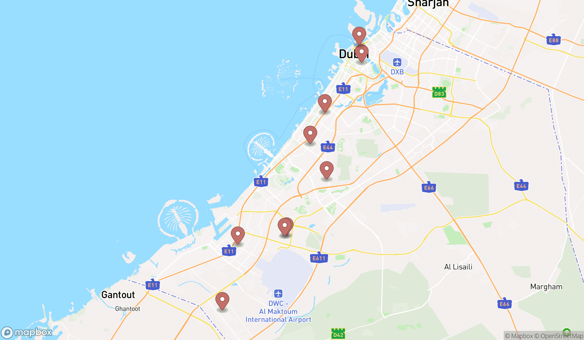 Map showing the search results in Dubai
