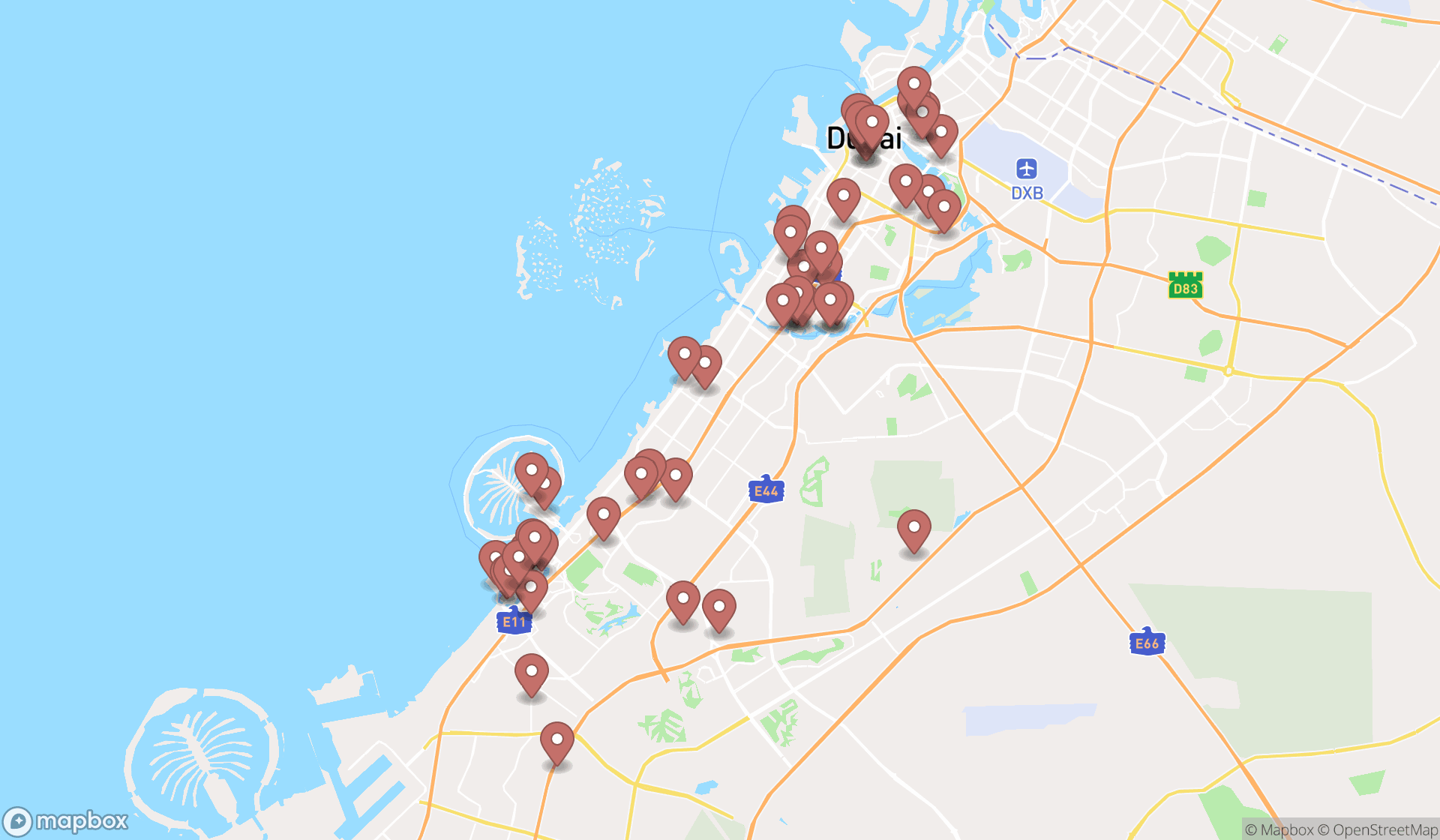 Map showing the search results in Dubai