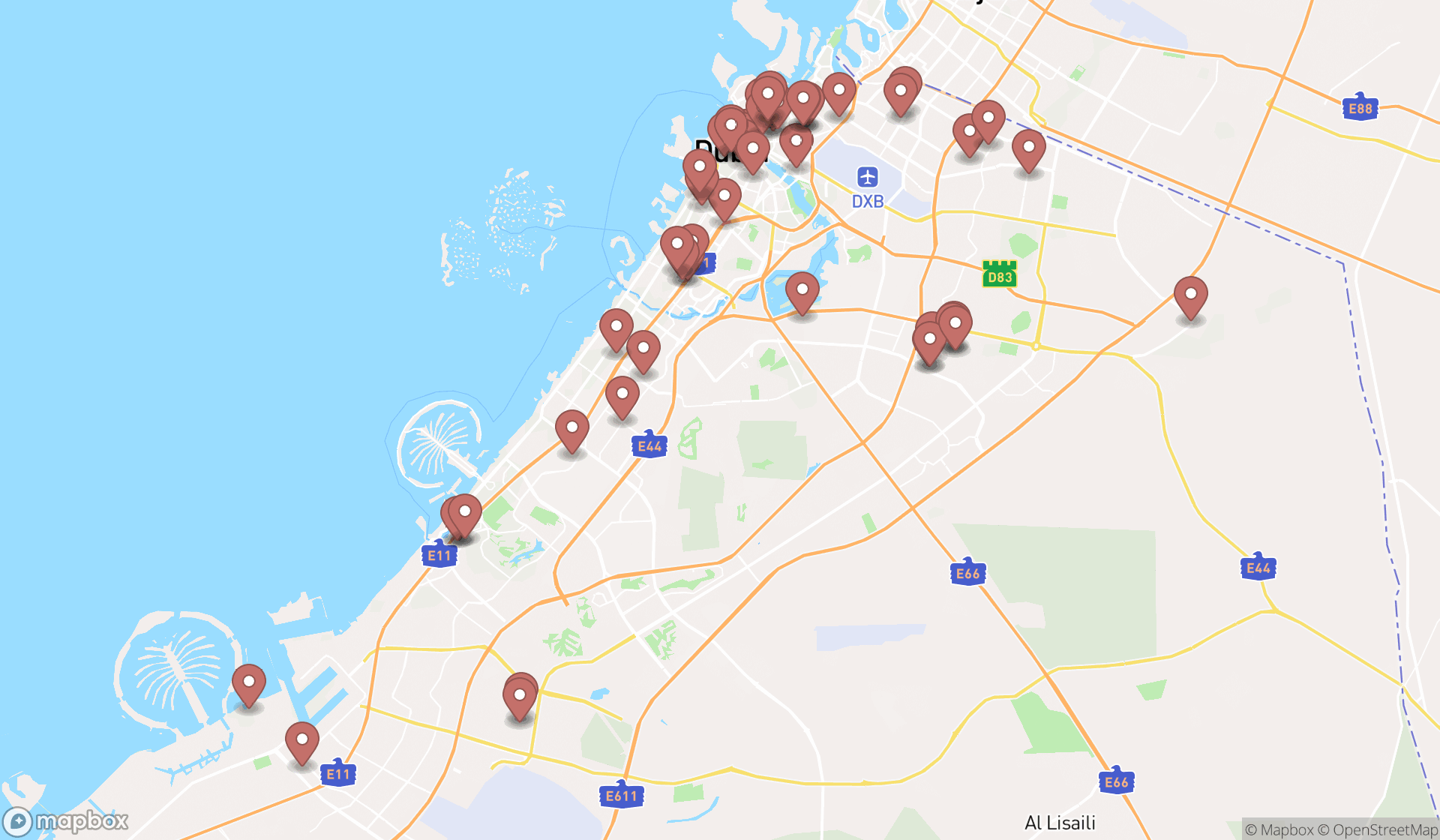 Map showing the search results in Dubai