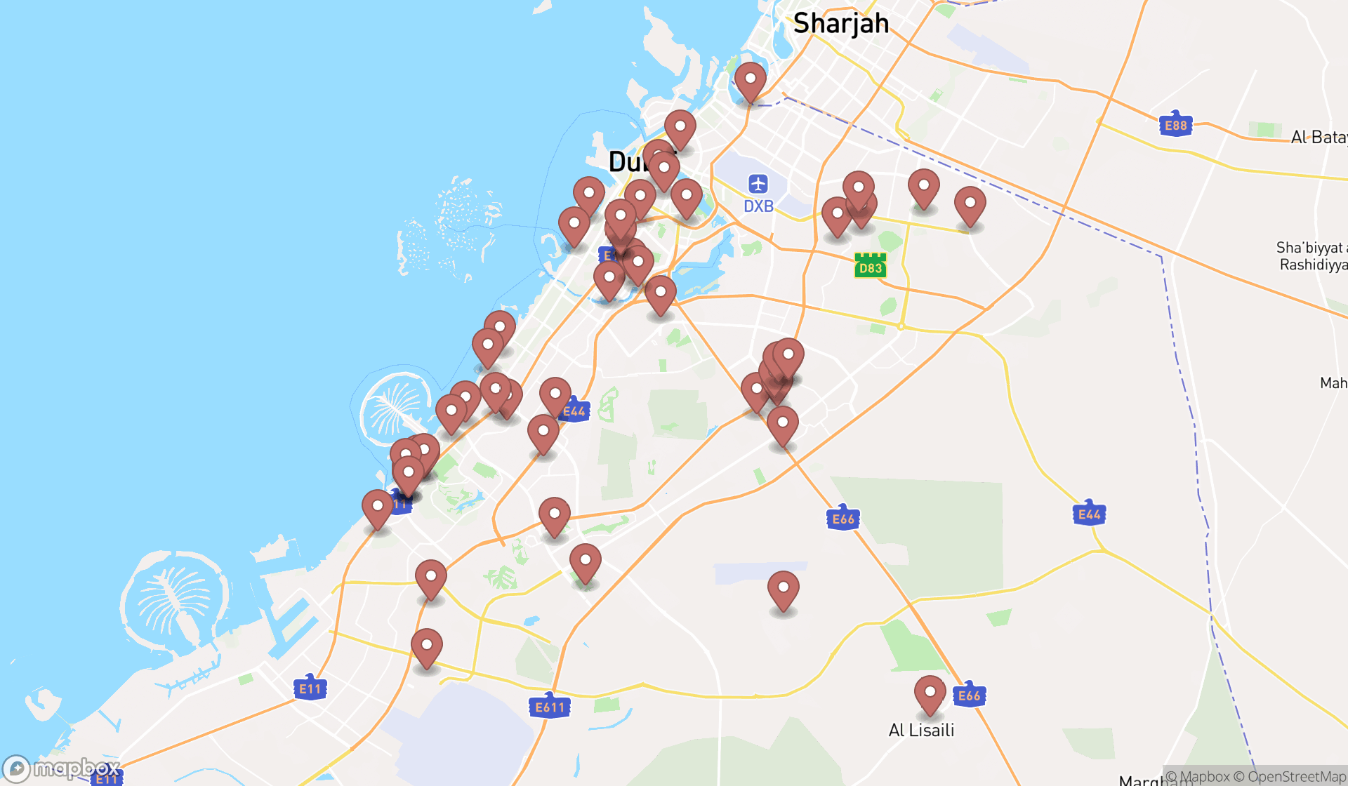 Map showing the search results in Dubai
