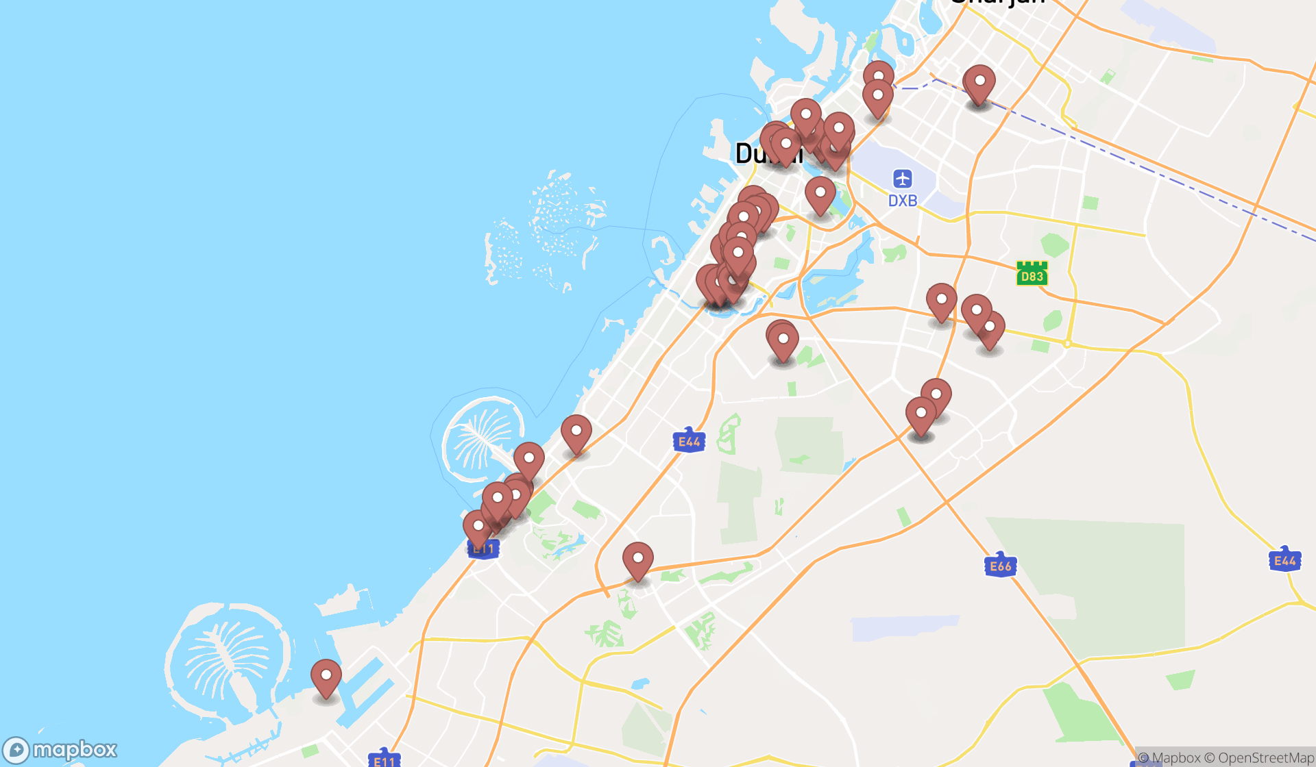 Map showing the search results in Dubai